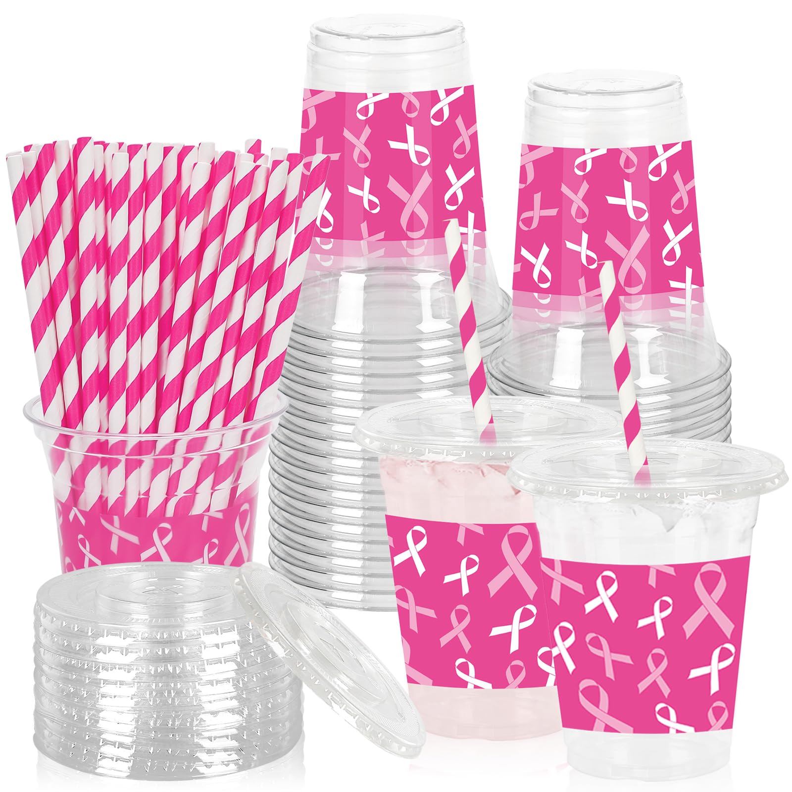 Whaline 50Pcs Breast Cancer Awareness Plastic Cups with Lids Straws Pink White Ribbon Clear Plastic Cups 12oz Disposable Cup for