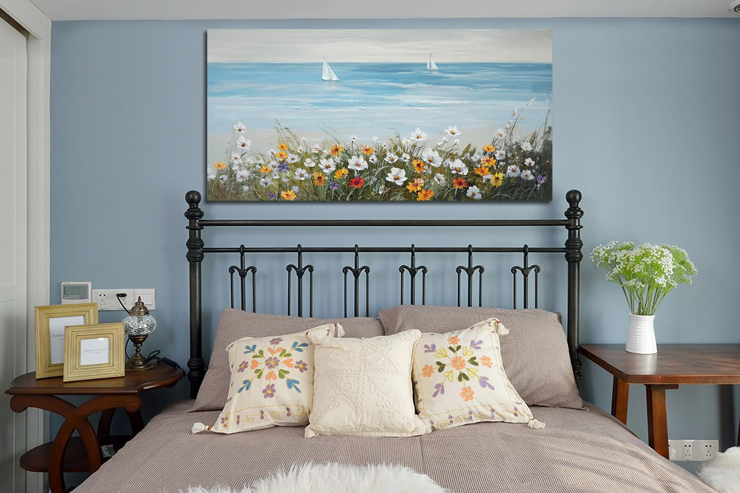 Ardemy Lake Canvas Wall Art Blue Grey Sky Nature Landscape Painting Boat Picture Modern Scenic Artwork Framed Large Size For Liv