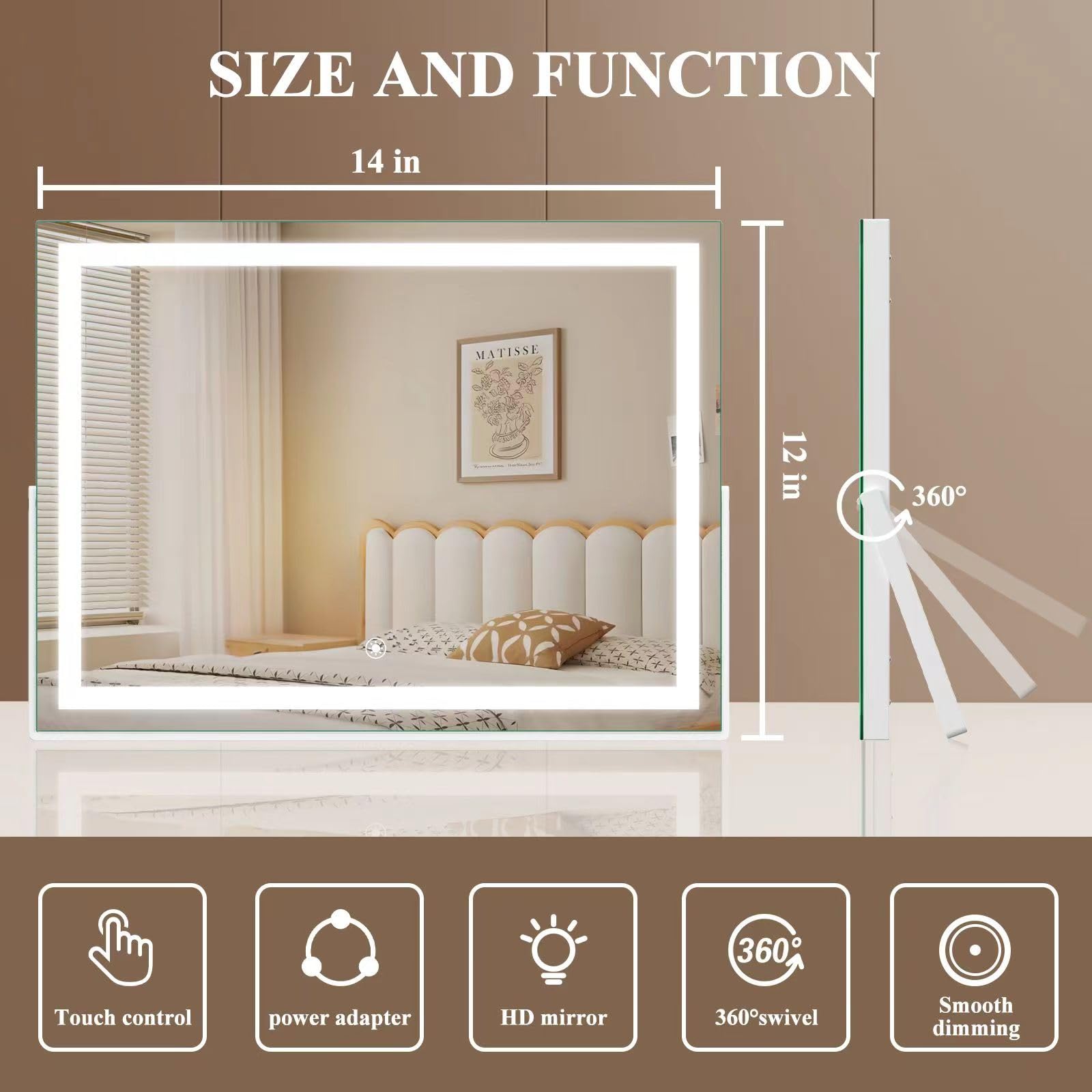 Gvnkvn Ligheted Vanity Mirror With Lights, 14'' X 10'' Led Makeup Mirror, 3 Modes Light, Smart Touch Control Dimmable, 360Rotati