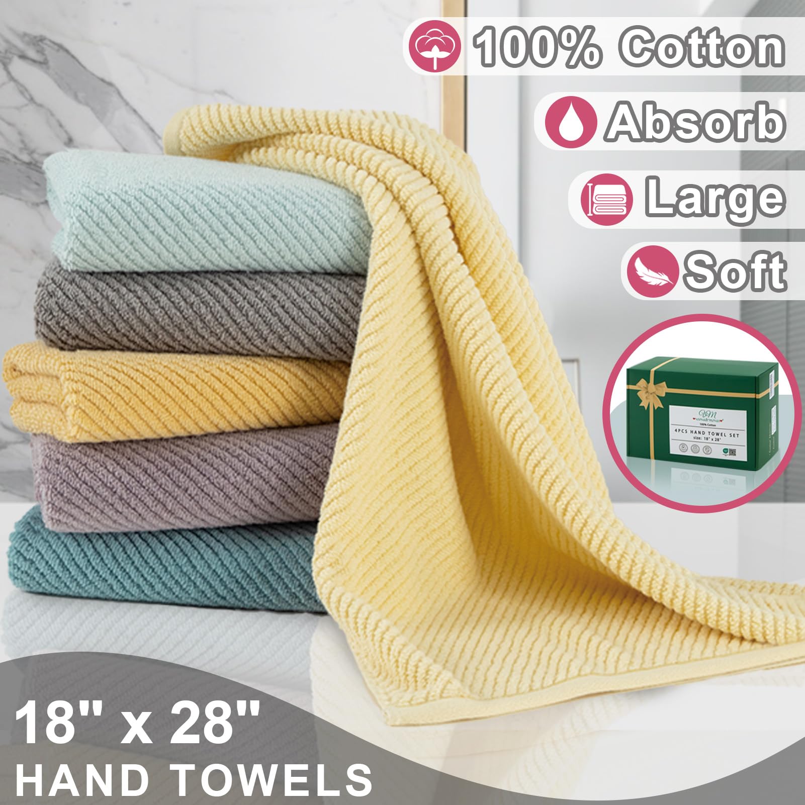 Voova & Movas Bathroom Hand Towels Set Of 4, Large 18'' X 28'' - 100% Cotton | Quick Dry | Light Weight | Thick | Soft | Absorpt