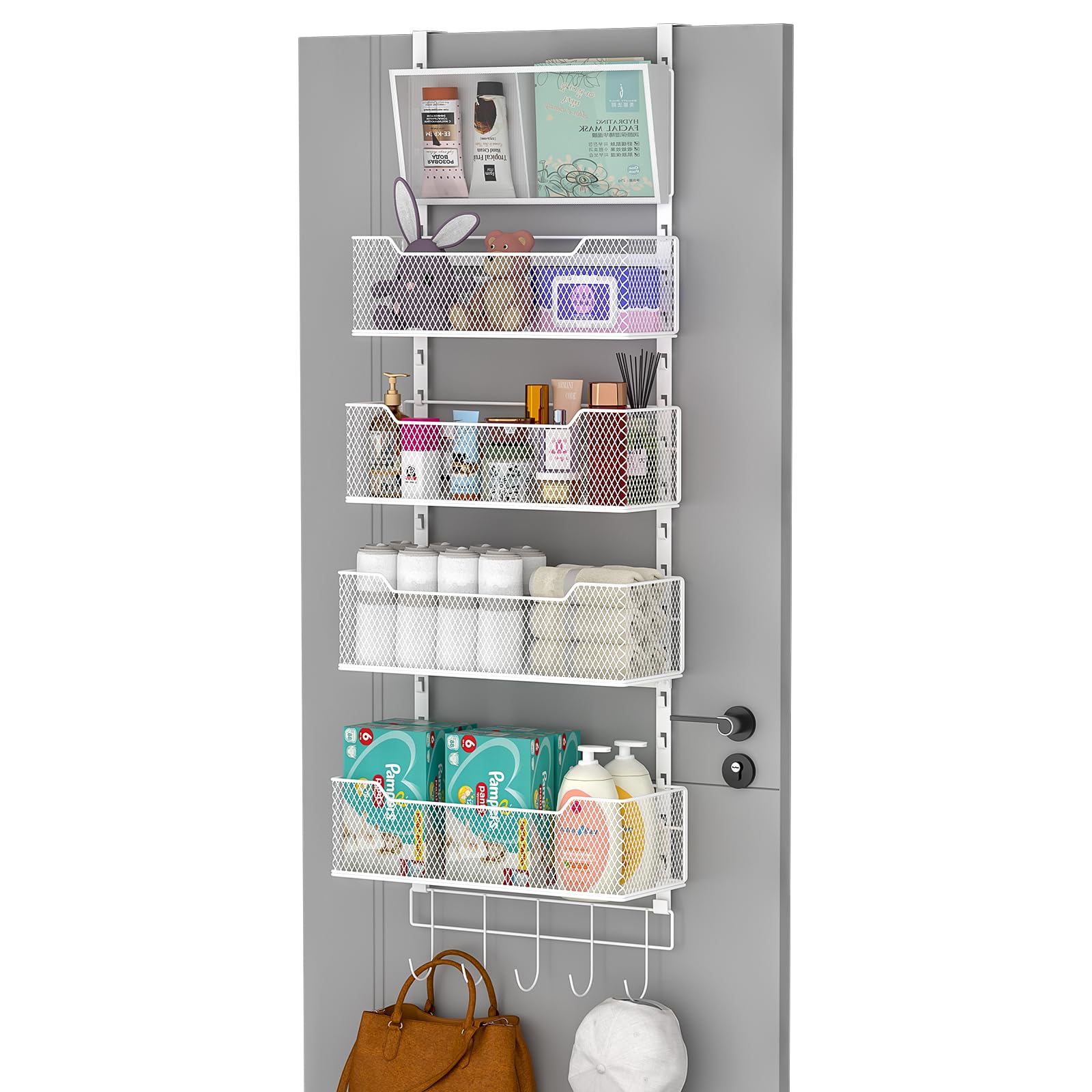 Hongtamoya Adjustable Over The Door Organizer, Hanging Door Storage With Pvc Pocket And 4 Metal Baskets Wall Mount, Behind Door