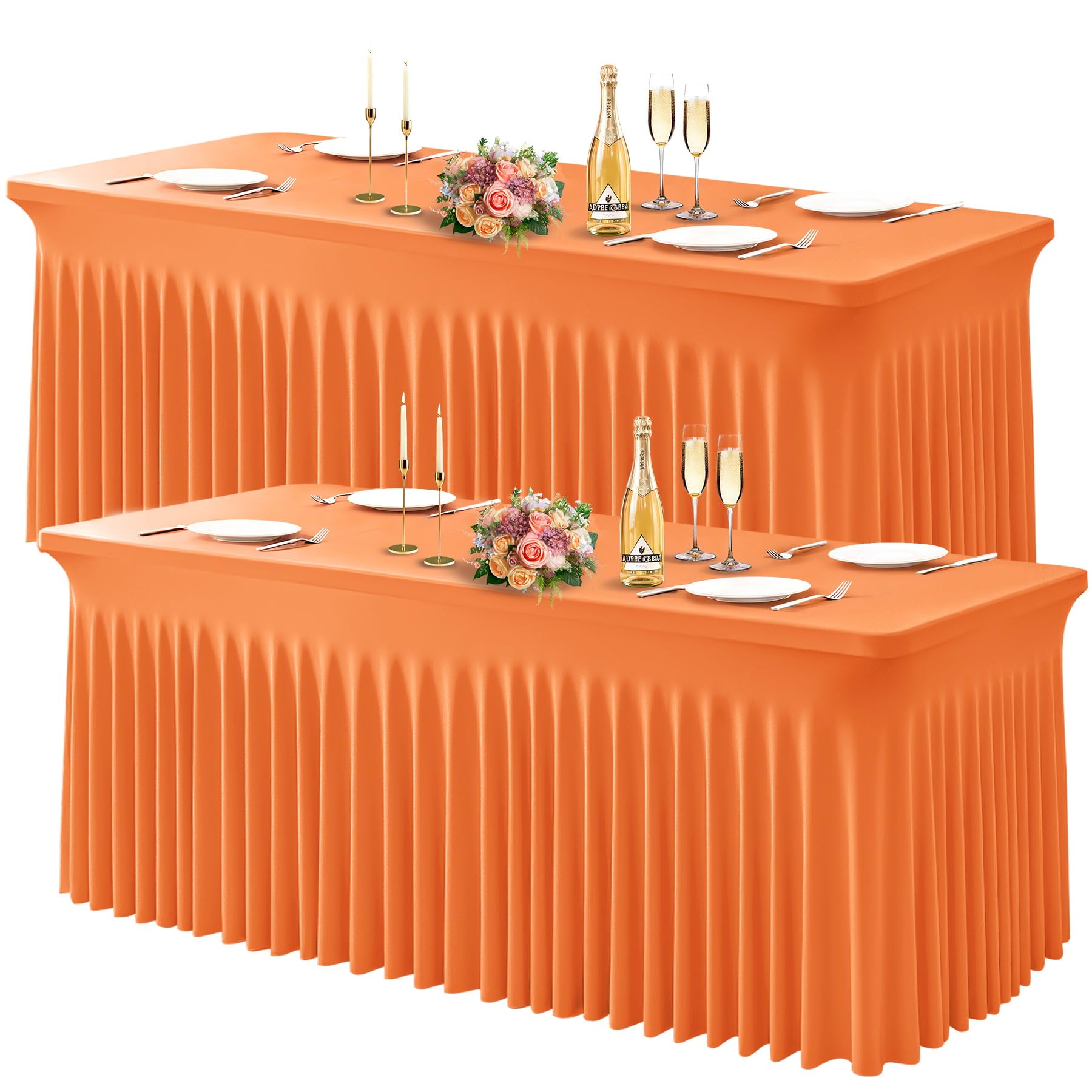 Wish Care 2 Pack Orange Spandex Table Clothes for 4 Foot Rectangle Tables, 4FT Wrinkle Free Fitted Tablecloths Ruffles Design Ta