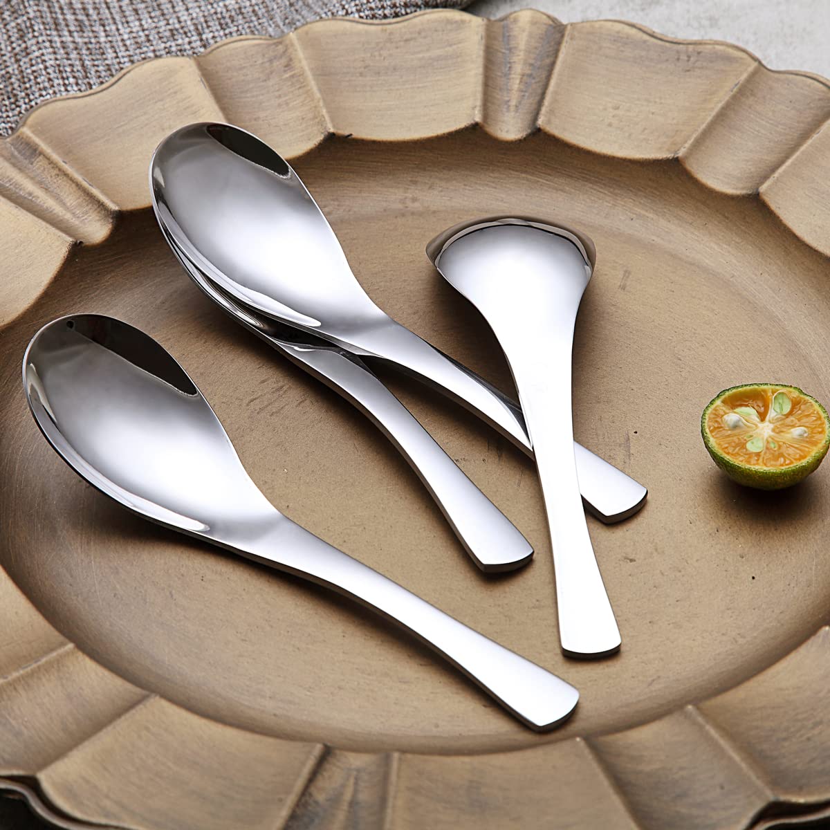 Kyraton Soup Spoons 4 Pieces, Stainless Steel Thick Heavy Weight Table Spoons, Asian Chinese Japanese Spoon Set For Cereal Ramen