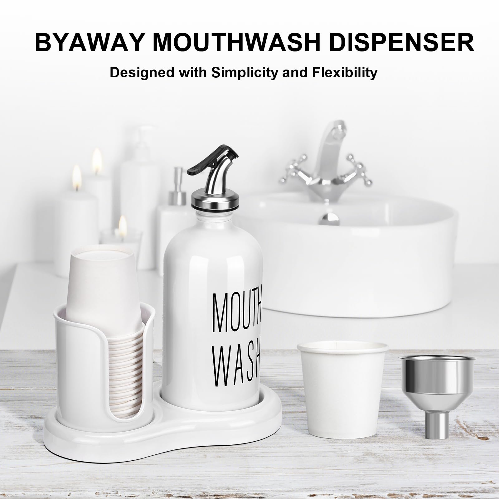 Mouthwash Dispenser for Bathroom BYAWAY Mouthwash Dispenser with Cup Holder 14 Mouthwash Cups and Funnel Refillable Glass Mouthwash Container (White)