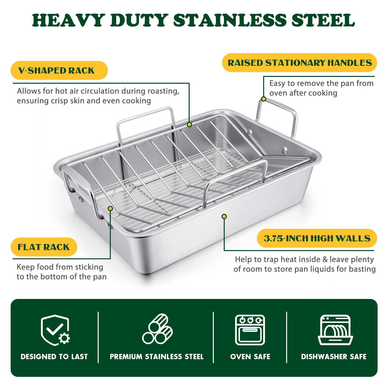 Roasting Pan, E-Far 16 X 11.5 Inch Stainless Steel Turkey Roaster With Rack - Deep Broiling Pan & V-Shaped Rack & Flat Rack, Non