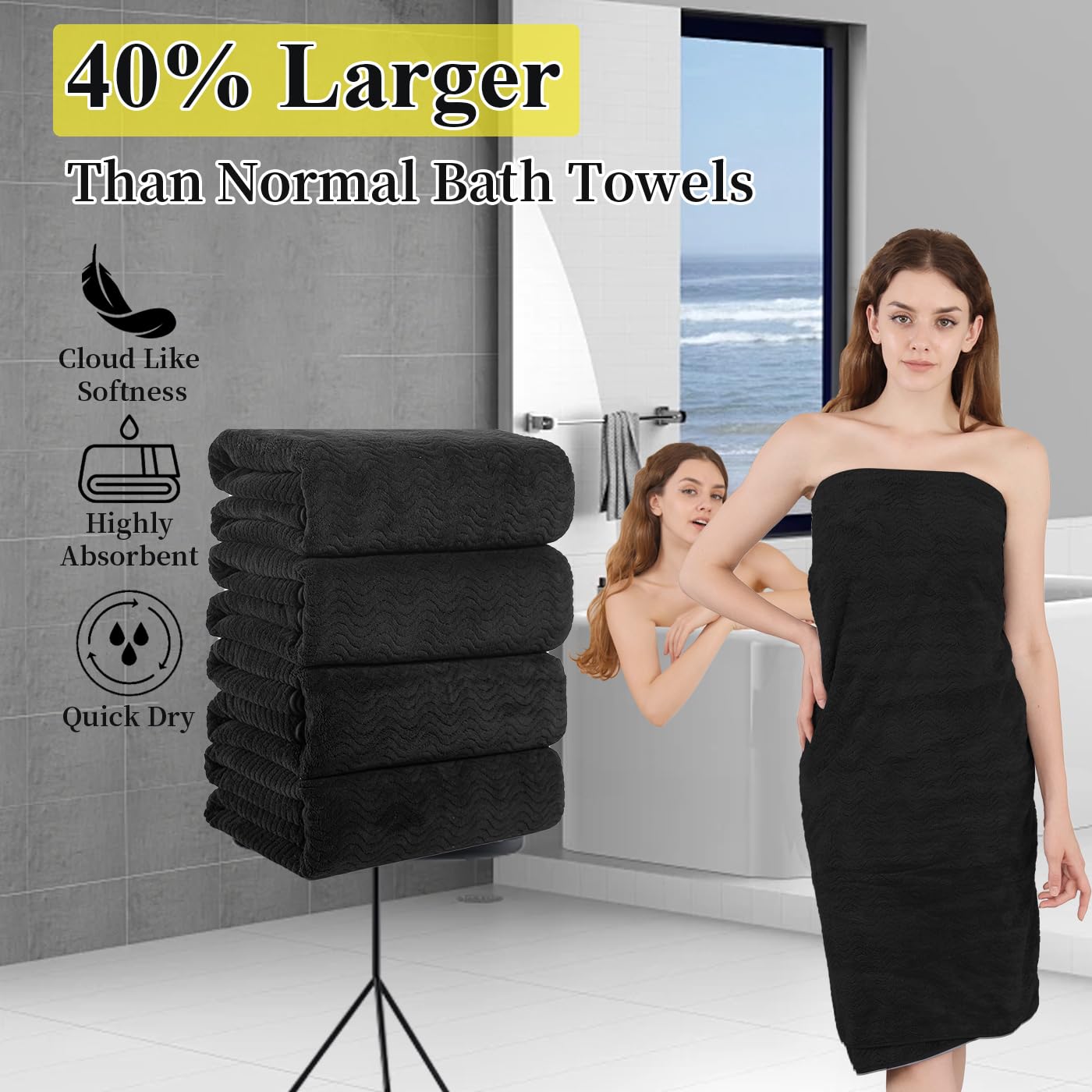 4 Piece Bath Towel Oversized Bath Sheet 35''X70'' Black Bathroom Towel Extra Large Bath Towel Set Highly Absorbent Quick Dry Pre