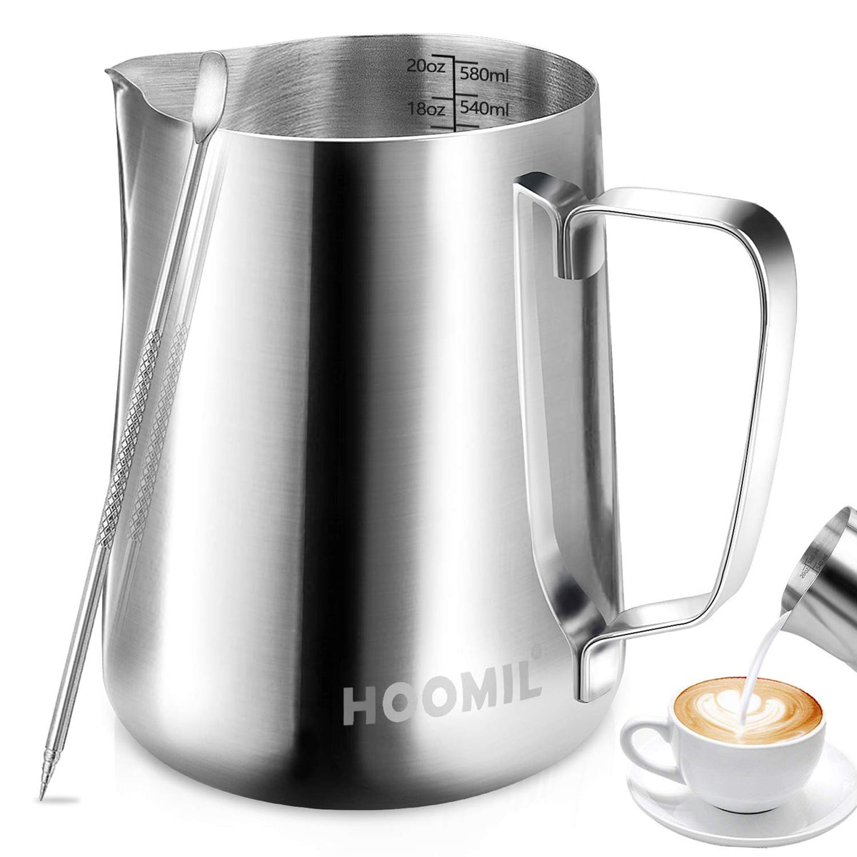 Hoomil Milk Frothing Pitcher, 20Oz/600Ml Stainless Steel Steaming Pitcher Barista Milk Frother Cup Jug For Espresso Machine Coff