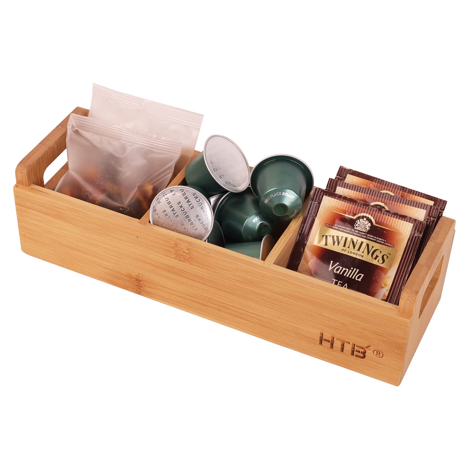Small Tea Bag Holder By Htb, Bamboo Tea Organizer 3 Compartments For Beverage Suppliers, Sweeteners, Individual Packets, Portabl