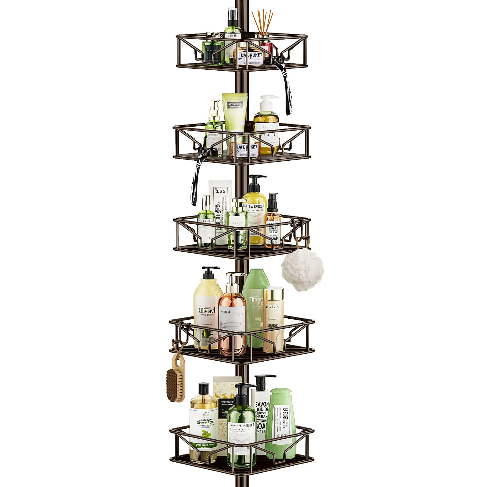 Skycarper 5 Tier Adjustable Corner Shower Caddy Organizer with Hooks,Rustproof Tension Pole 62-116 Inch,Bronze