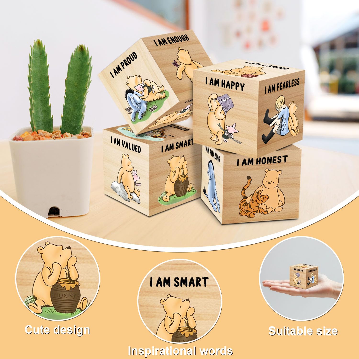 Tillfuru 6 Pcs Inspirational Winnie Nursery Decor for Girls and Boys Wooden The Pooh Decorations Winnie Baby Table Wooden Decora