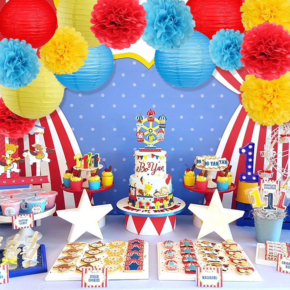 Zilue Carnival Circus Party Decorations, Red Yellow Blue Paper Lanterns And Pom Poms Flowers For Birthday Party Baby Showers Car