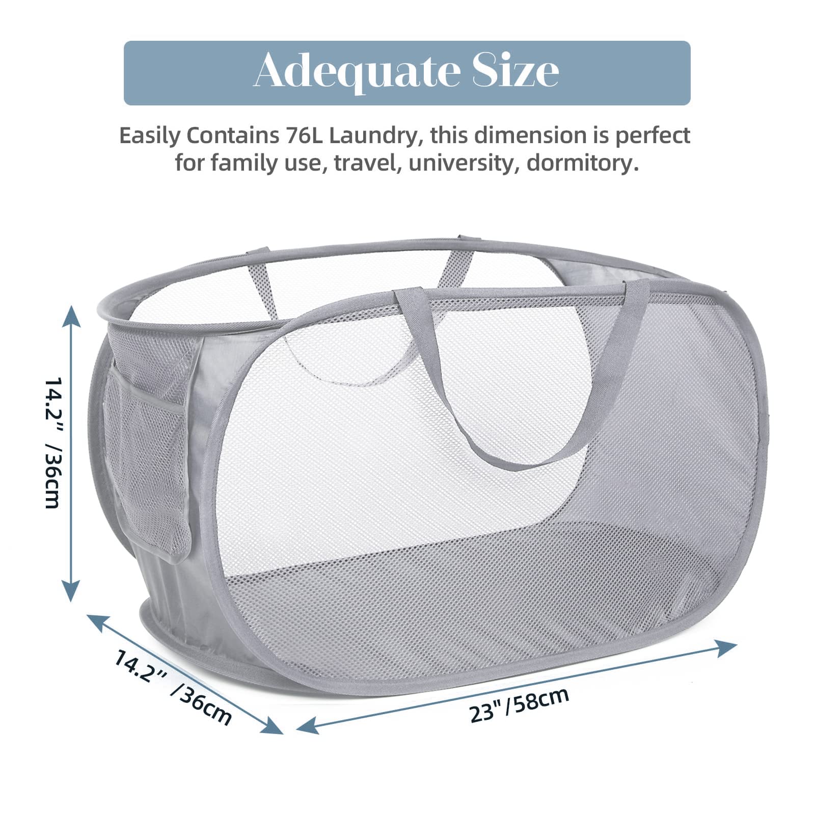 3 Pack Collapsible Laundry Baskets, Foldable Laundry Basket With Pocket, Mesh Pop Up Hampers, Reinforced Handles Dirty Clothes H