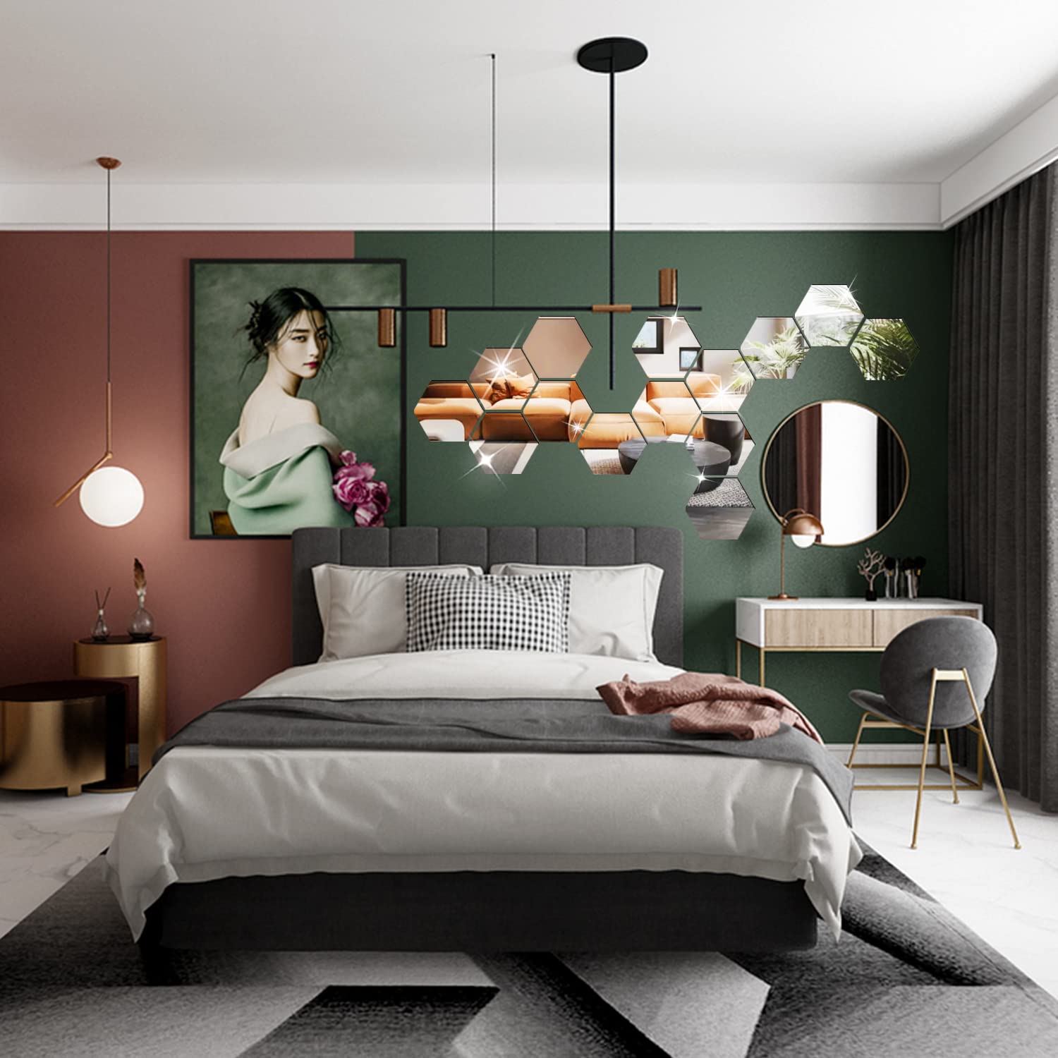Naildoki Diy Wall Decals Acrylic Mirror Sticker Set 12 Pcs, Hexagon Mirror Wall Stickers For Living Room Bedroom Decor (Silver)