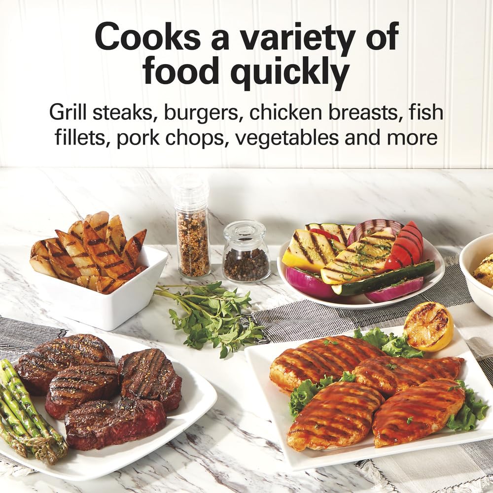 Hamilton Beach Electric Indoor Grill, 6-Serving, Large 90 Sq. In. Nonstick Easy Clean Plates, Floating Hinge For Thicker Foods,