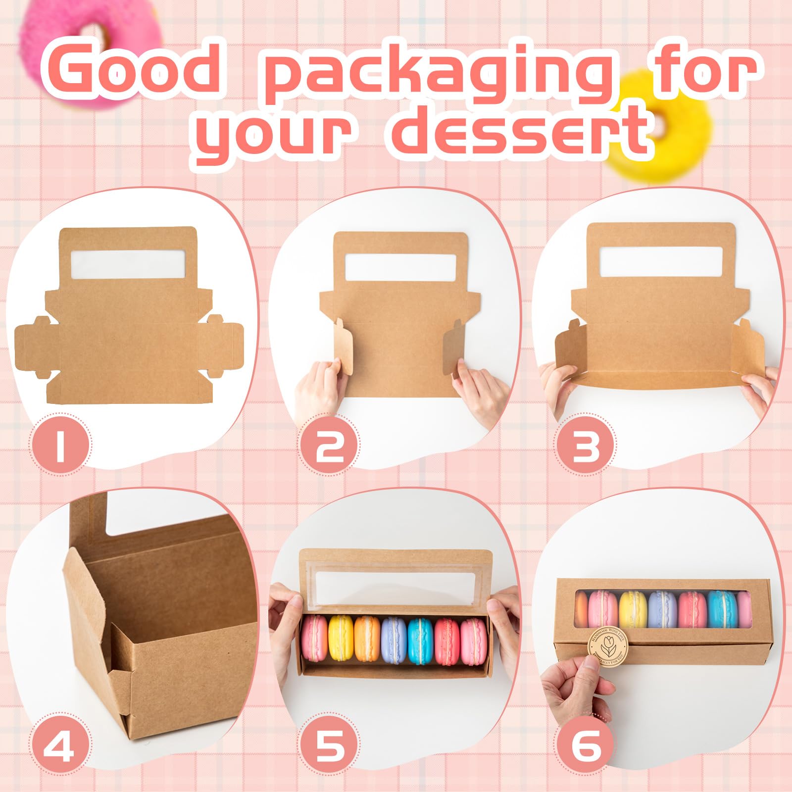 Sherr 50 Pcs Brown Macaron Boxes with Window, Cookies Boxes with 200 Pcs Stickers Long Bakery & Dessert Gifts Containers for Don
