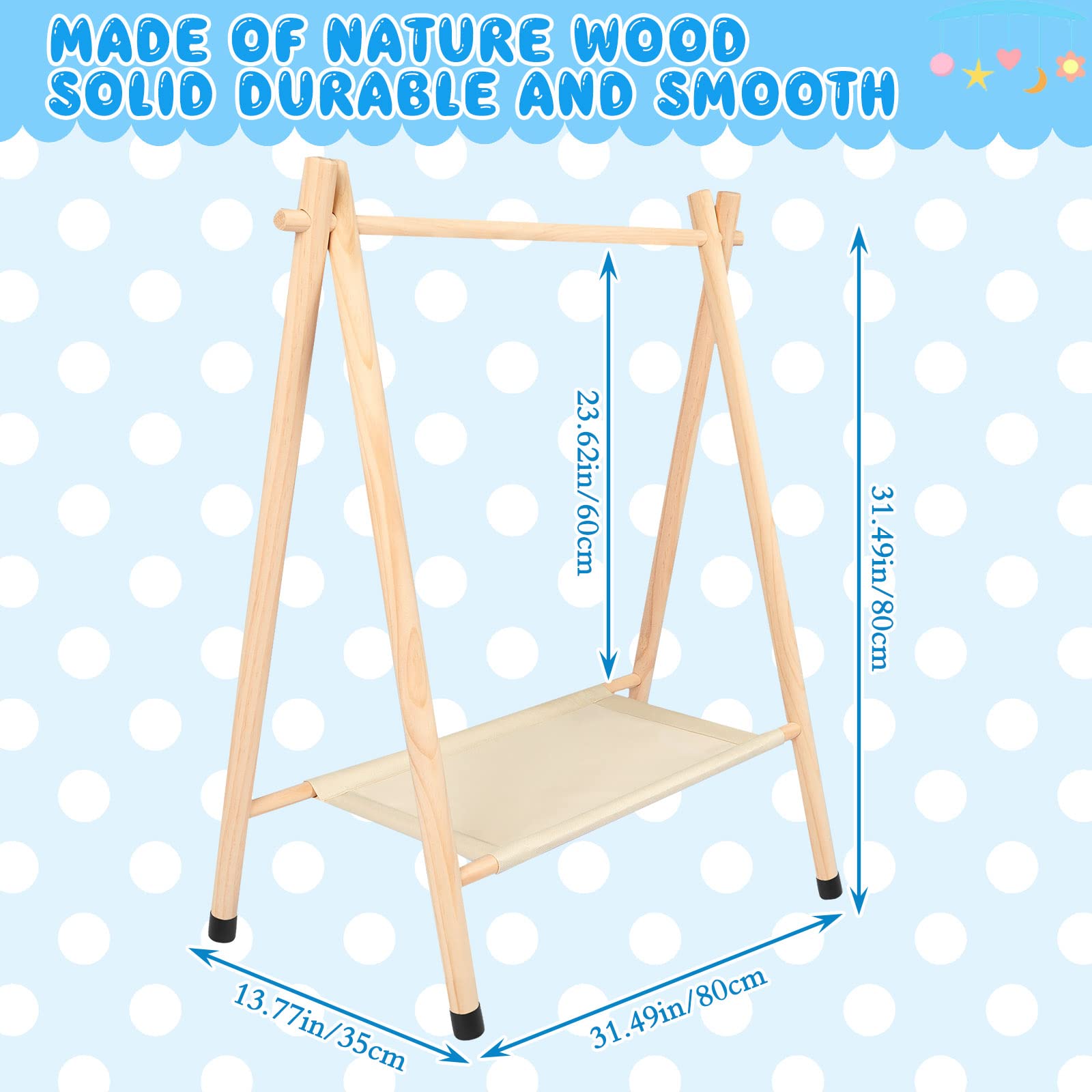 Queekay Kids Clothing Rack, Pine Wooden Clothes Organizer With Storage Shelf, Beige, Large