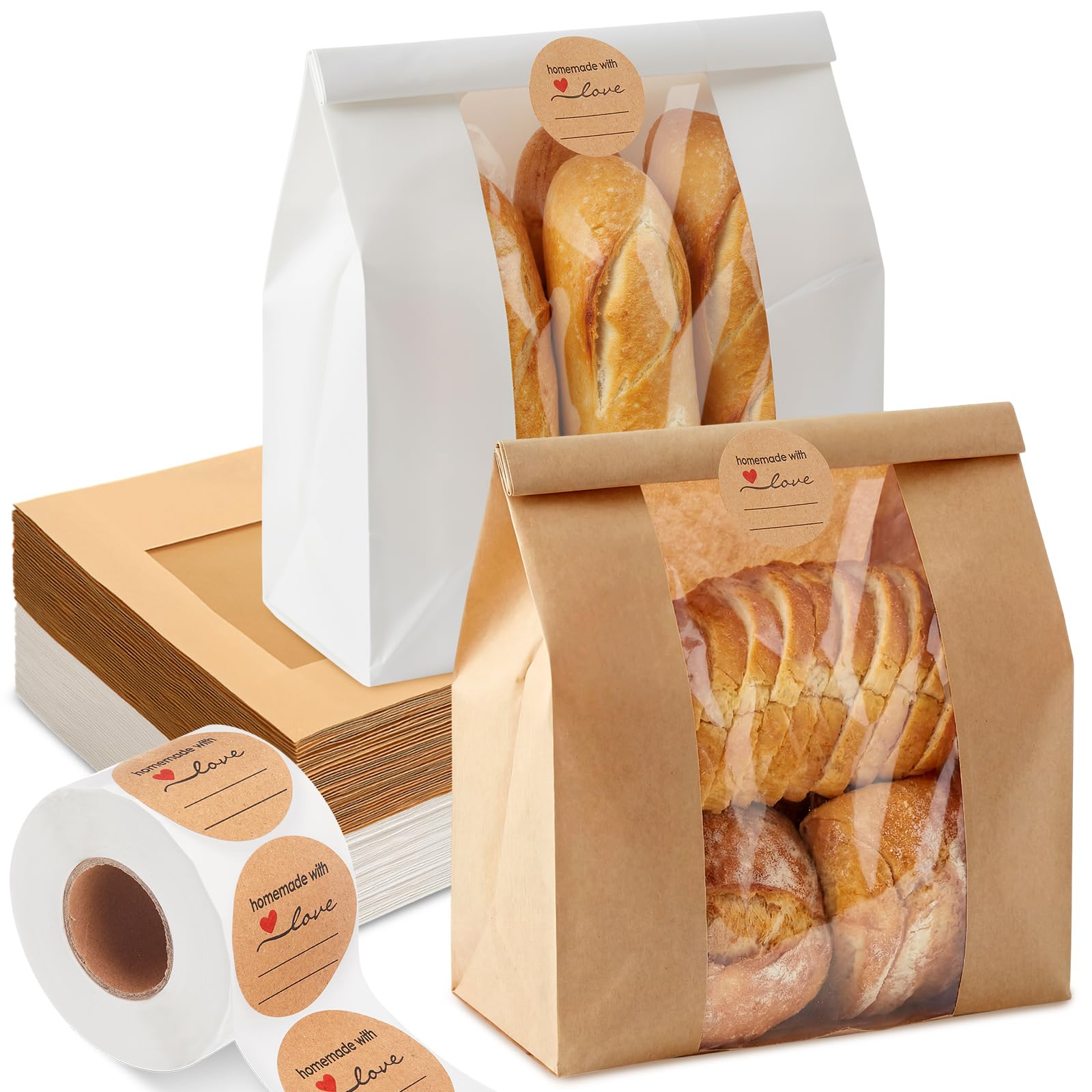 Tosstuki 100 Pcs Bread Bags for Homemade Bread Sourdough Paper Bakery Bags with Window Large Kraft Paper Bakery Bag for Storage 
