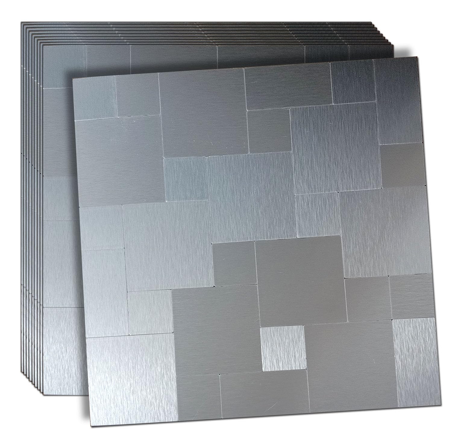 XUANINY Peel and Stick Metal Backsplash Tiles, Self Adhesive Aluminum Mosaic 3D Wall Sticker for Kitchen (Brushed Silver, 10)