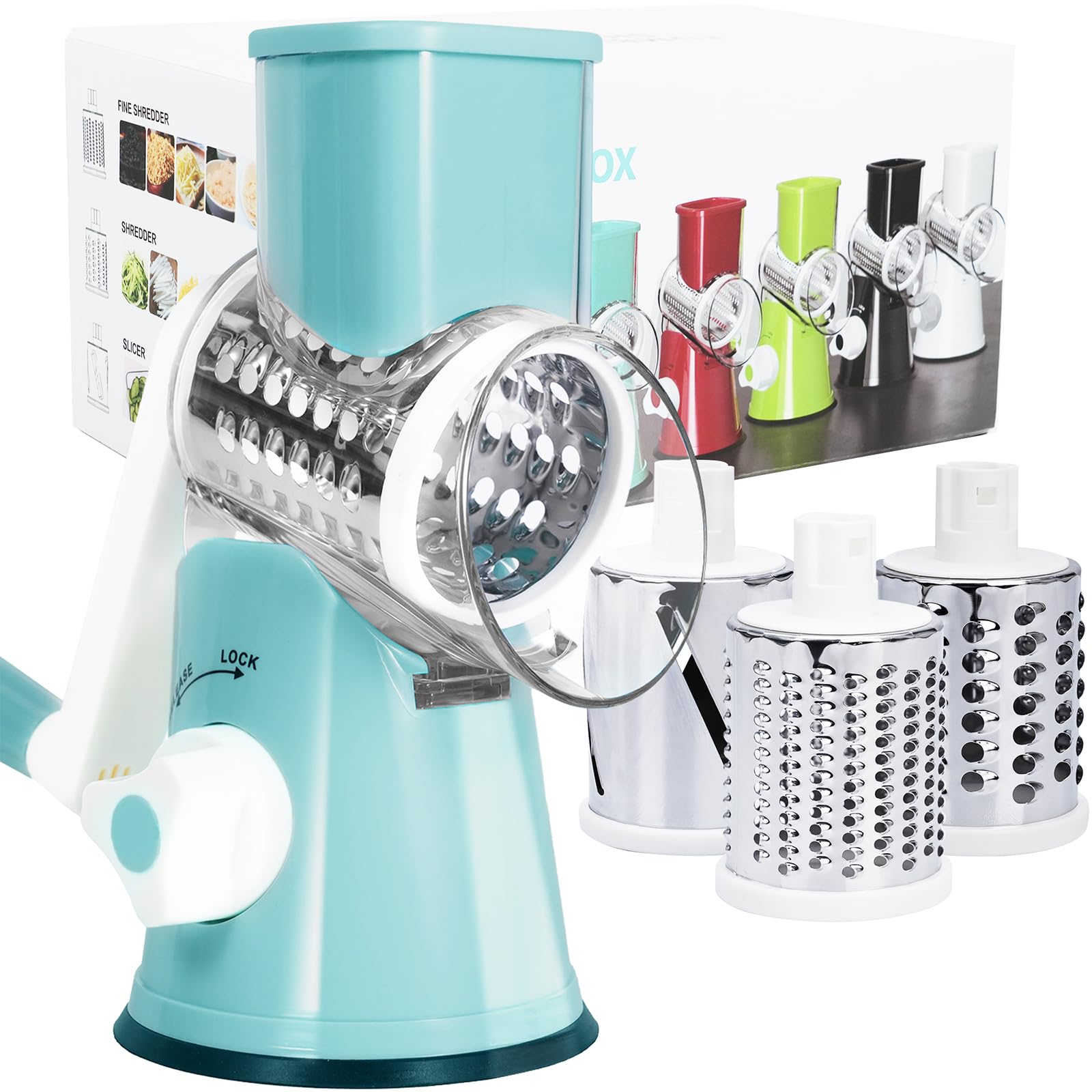 REDPANT Rotary Cheese Grater, Cheese Grater Hand Crank with 3 Interchangeable Blades, Manual Cheese Shredder with Strong Suction