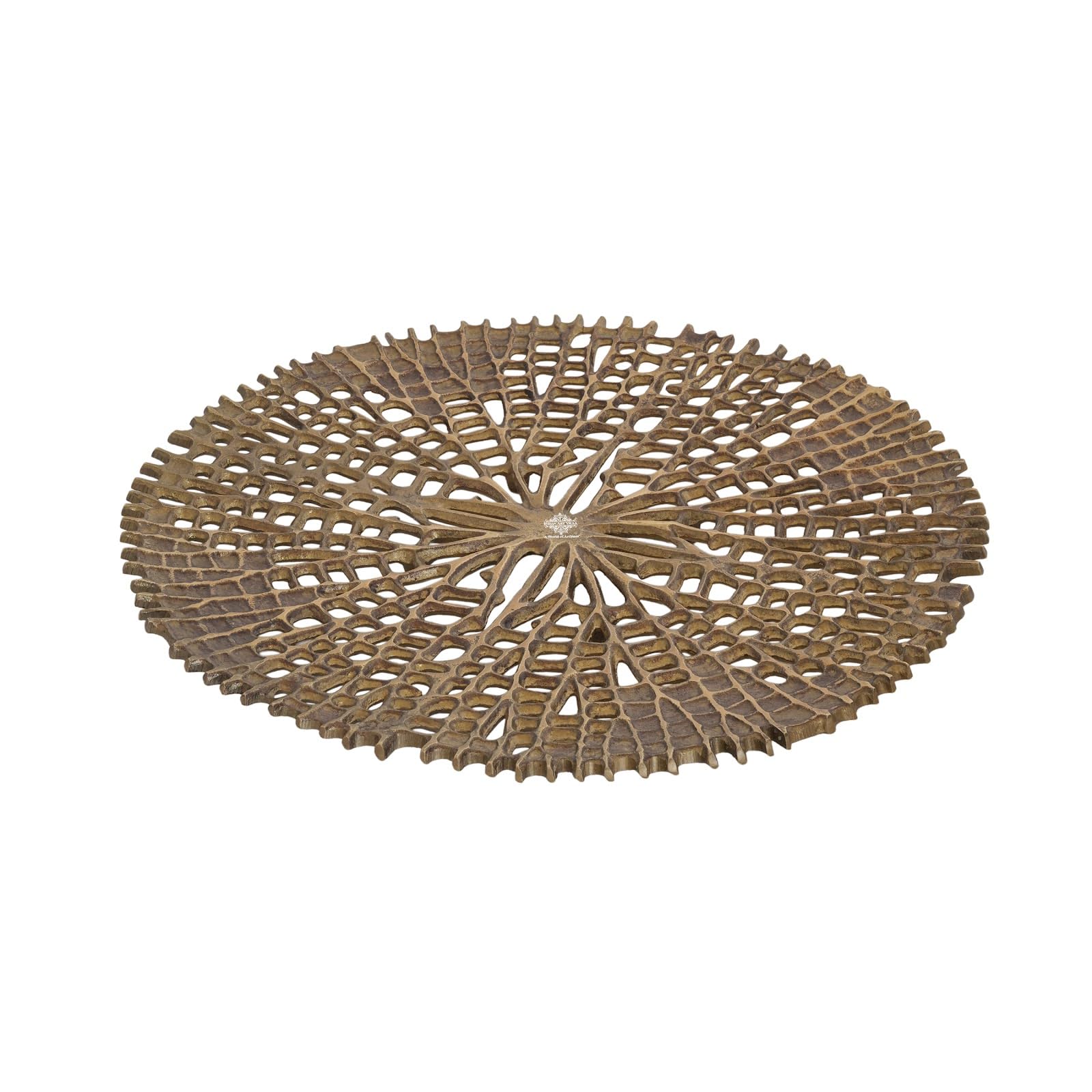 Indian Art Villa Brass Antique Finish Round Serving Tray, 15 Inches Diameter, Handcrafted Decorative Metal Platter For Snacks, T