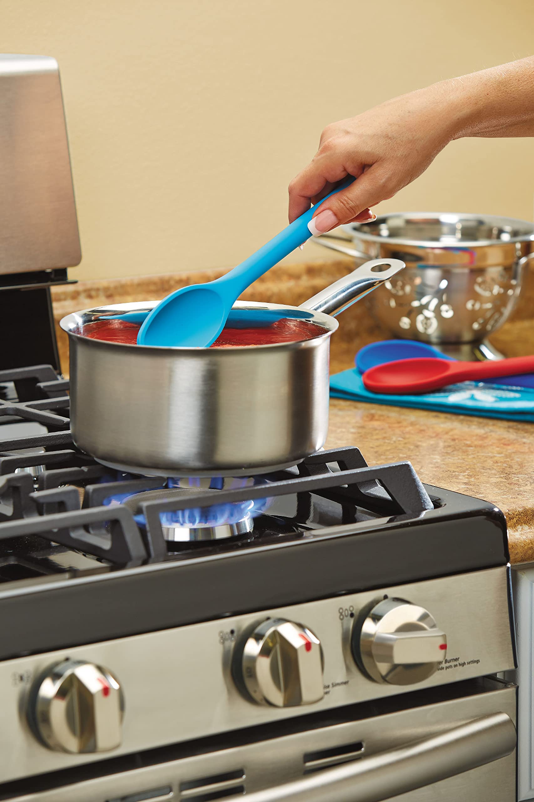 Artisan 3-Piece Nonstick Silicone Heat-Resistant Kitchen Spoon Set,Red/Blue
