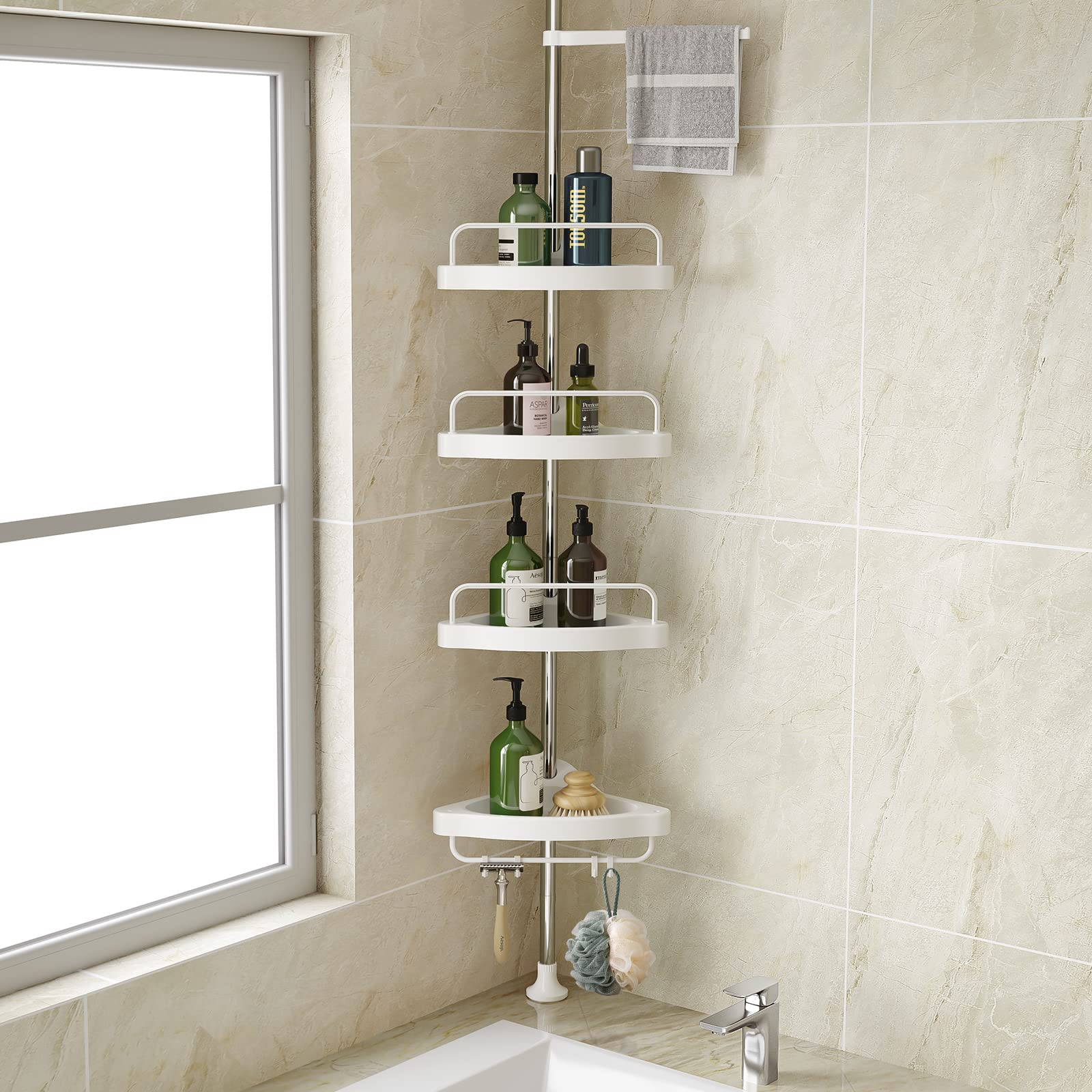 Corner Shower Caddy Tension Pole: Adjustable Stainless Steel Shower Organizer With 4 Tier Shelf For Bathroom Bathtub Tub Shampoo