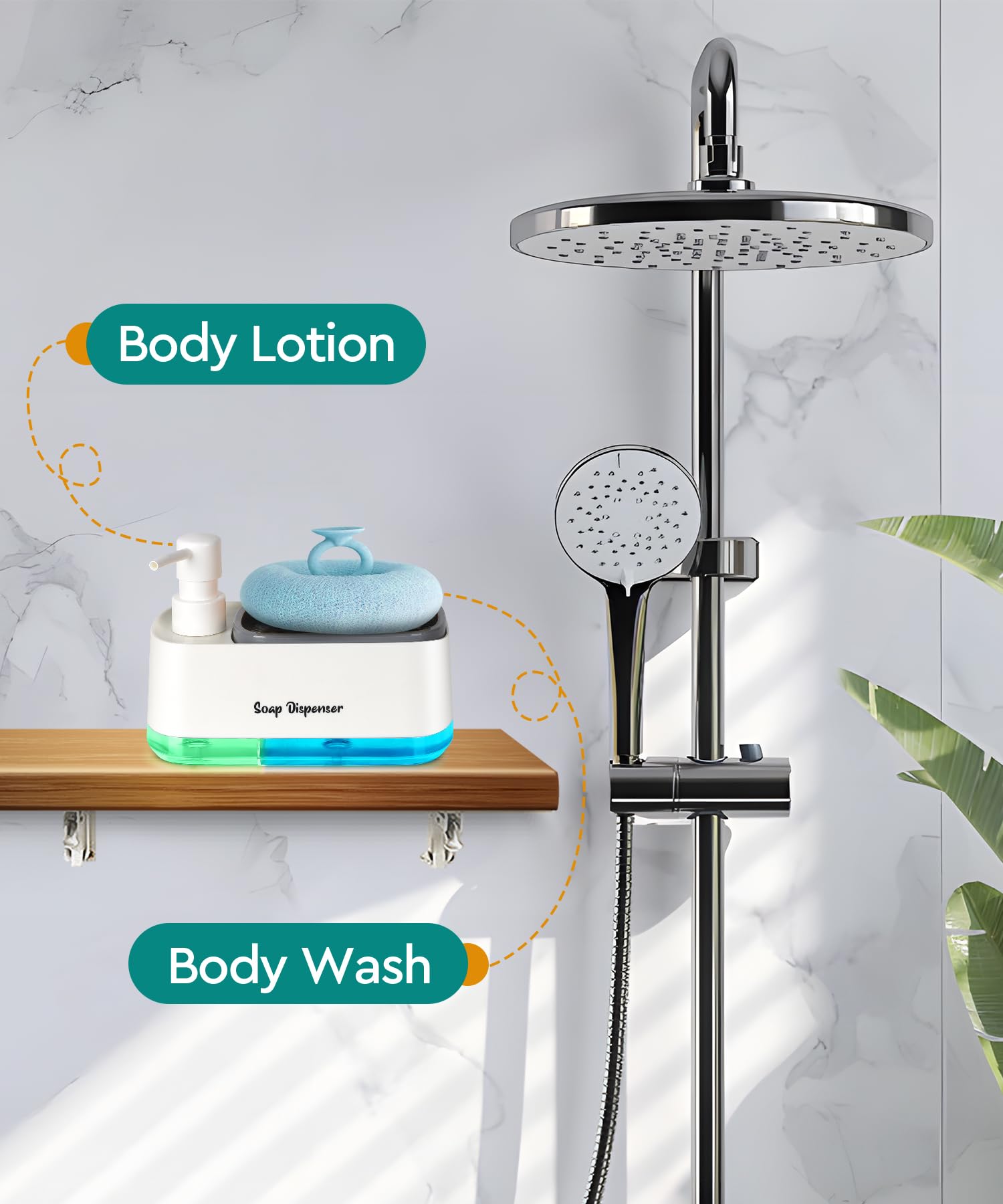 Kitchen Dish Soap Dispenser Set,Dish And Hand Soap Dispenser With Sponge Holder, 3-In-1 Countertop Sponge Dual Soap Pump Dispens