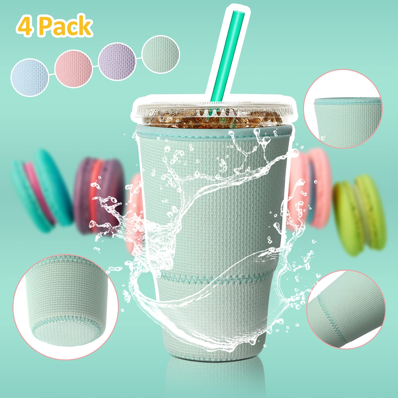Honeydak 4 Pieces Reusable Coffee Sleeves Cup Sleeve Cup Insulator Bottle Sleeves For Iced Coffee Cold Drinks Beverages, Fits 30