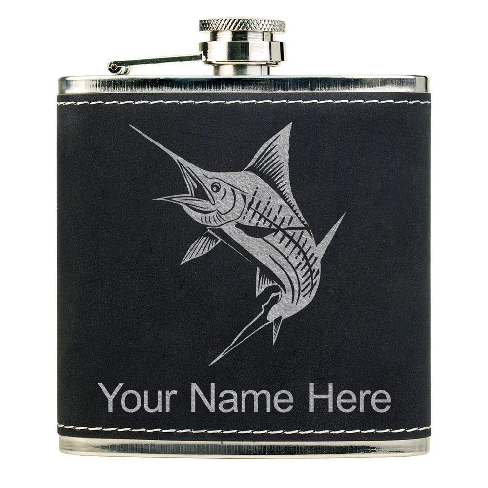 Faux Leather Flask, Marlin Fish, Personalized Engraving Included (Black With Silver)