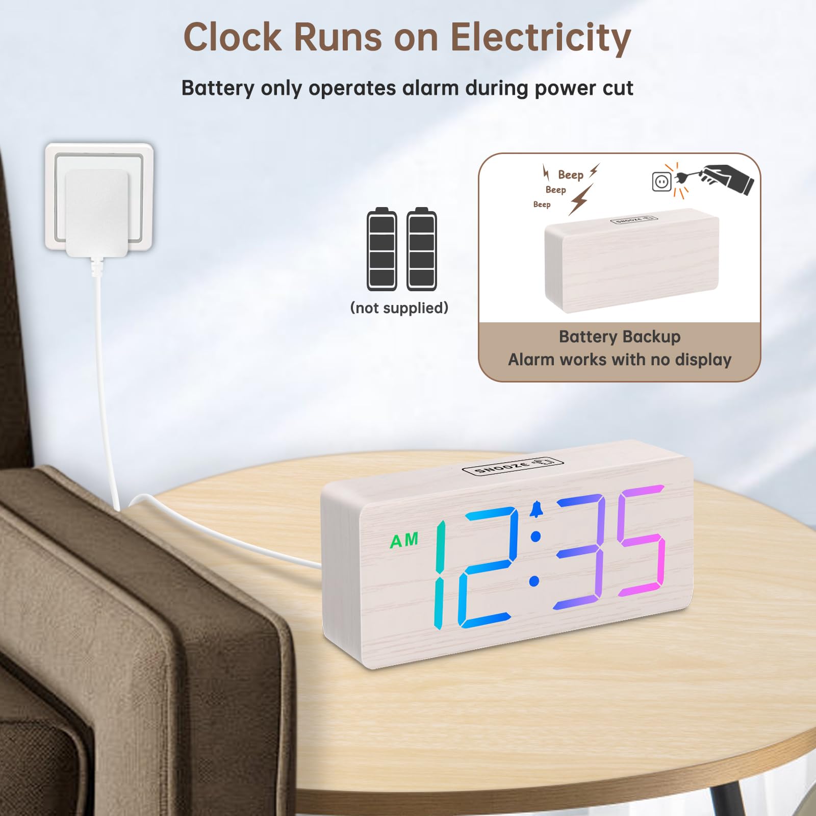 DreamSky Wooden Digital Clock for Bedroom Desk - RGB Loud Alarm Clock for Heavy Sleepers with Volume Control, Large Numbers with