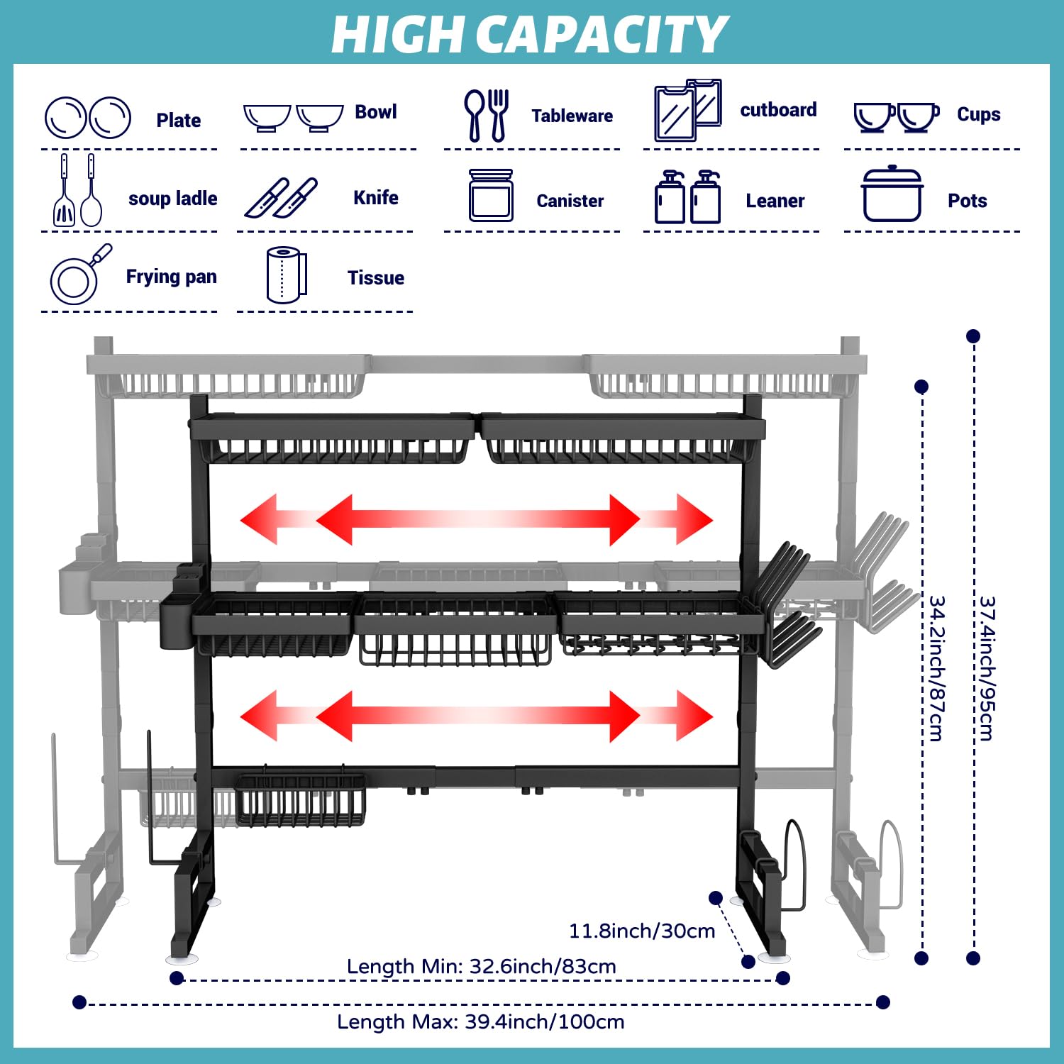 Adbiu Over The Sink Dish Drying Rack (Expandable Height And Length) Snap-On Design 2 Tier Large Dish Rack Stainless Steel (31-39