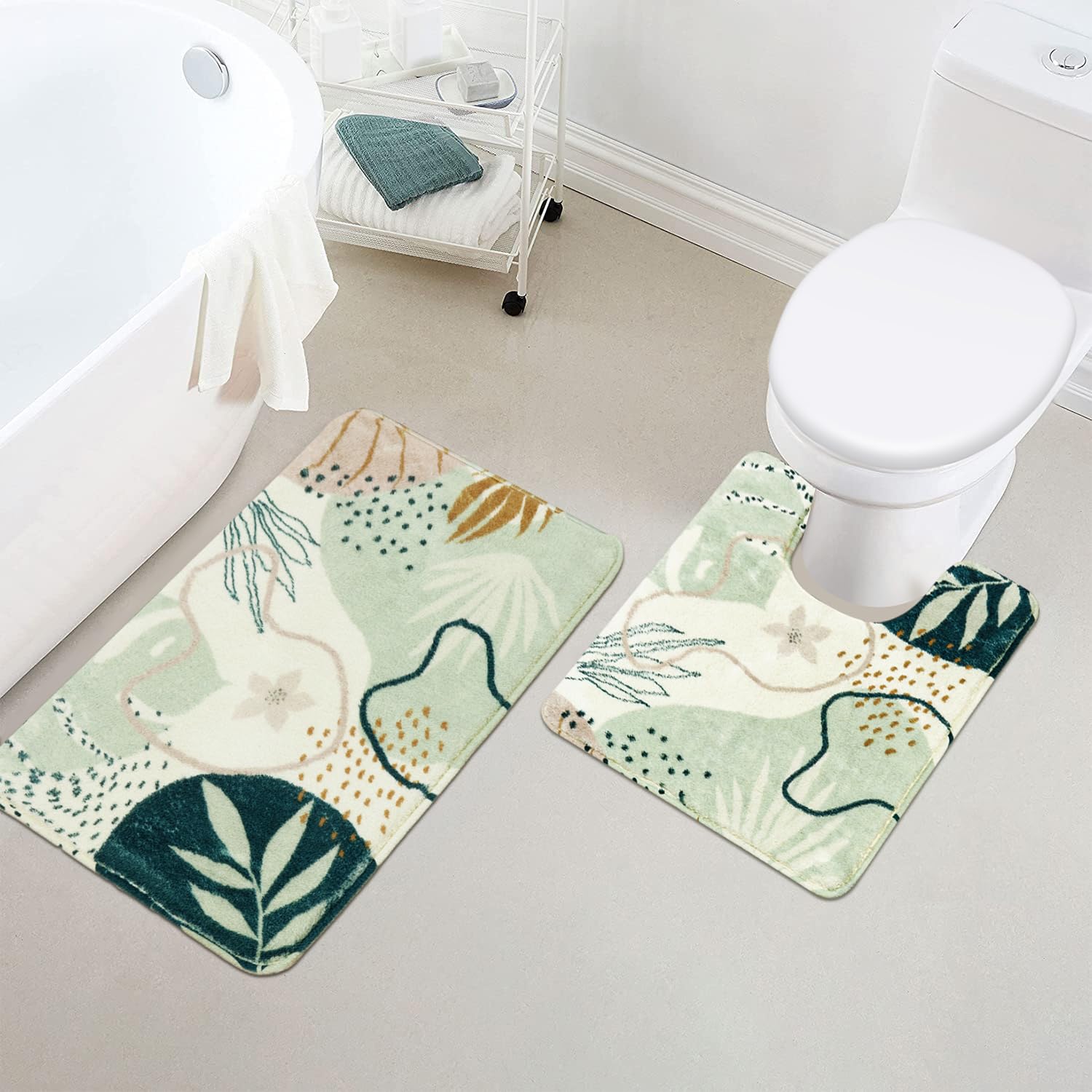 Uphome Bath Mats For Bathroom, Cute Green Plant Toilet Rugs U Shaped, Non Slip Washable Soft Bathroom Mat, Abstract Botanical Ba