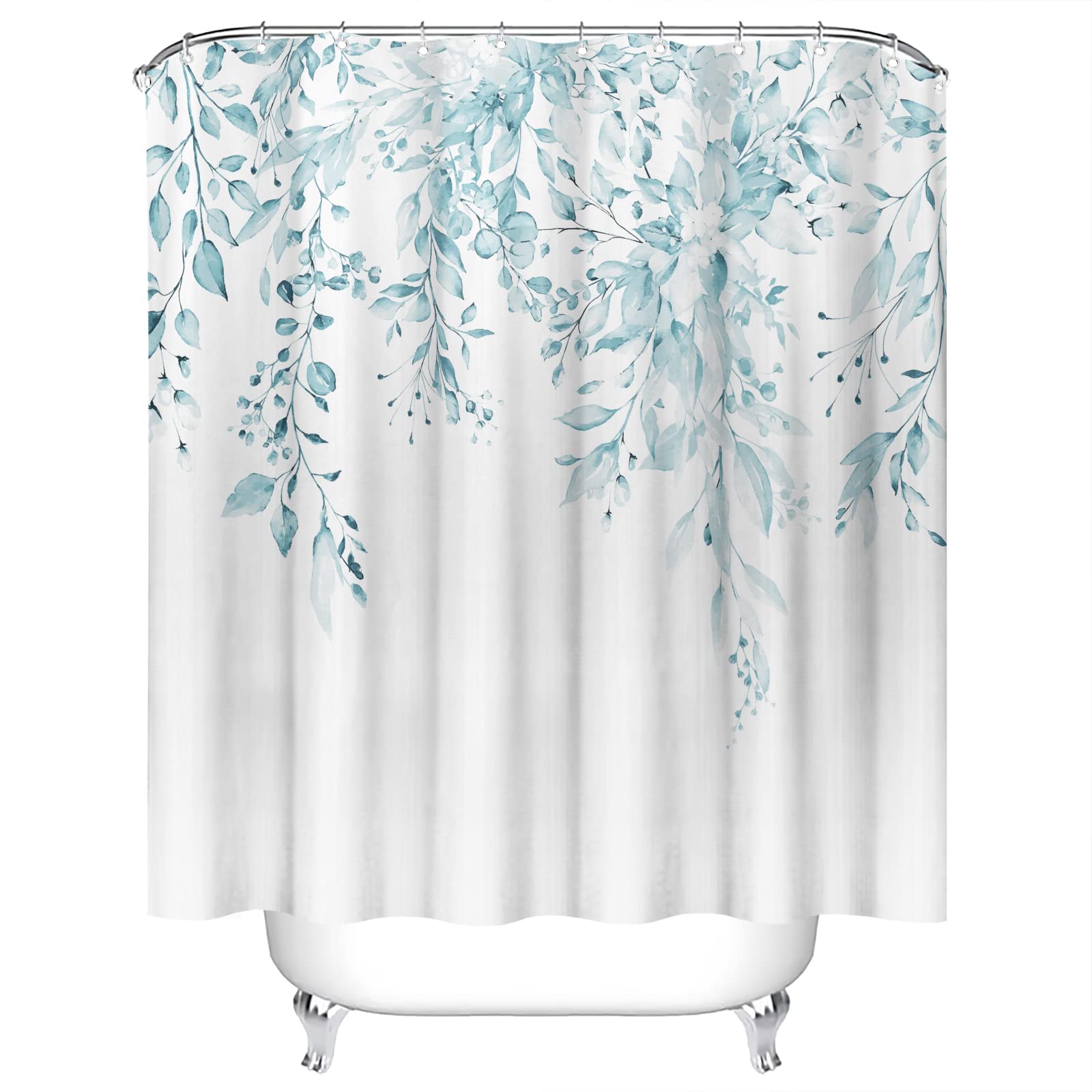 Tititex Spun Sugar Light Blue Eucalyptus Shower Curtain Sets, Bright Watercolor Leaves On The Top Plant With Floral Bathroom Dec