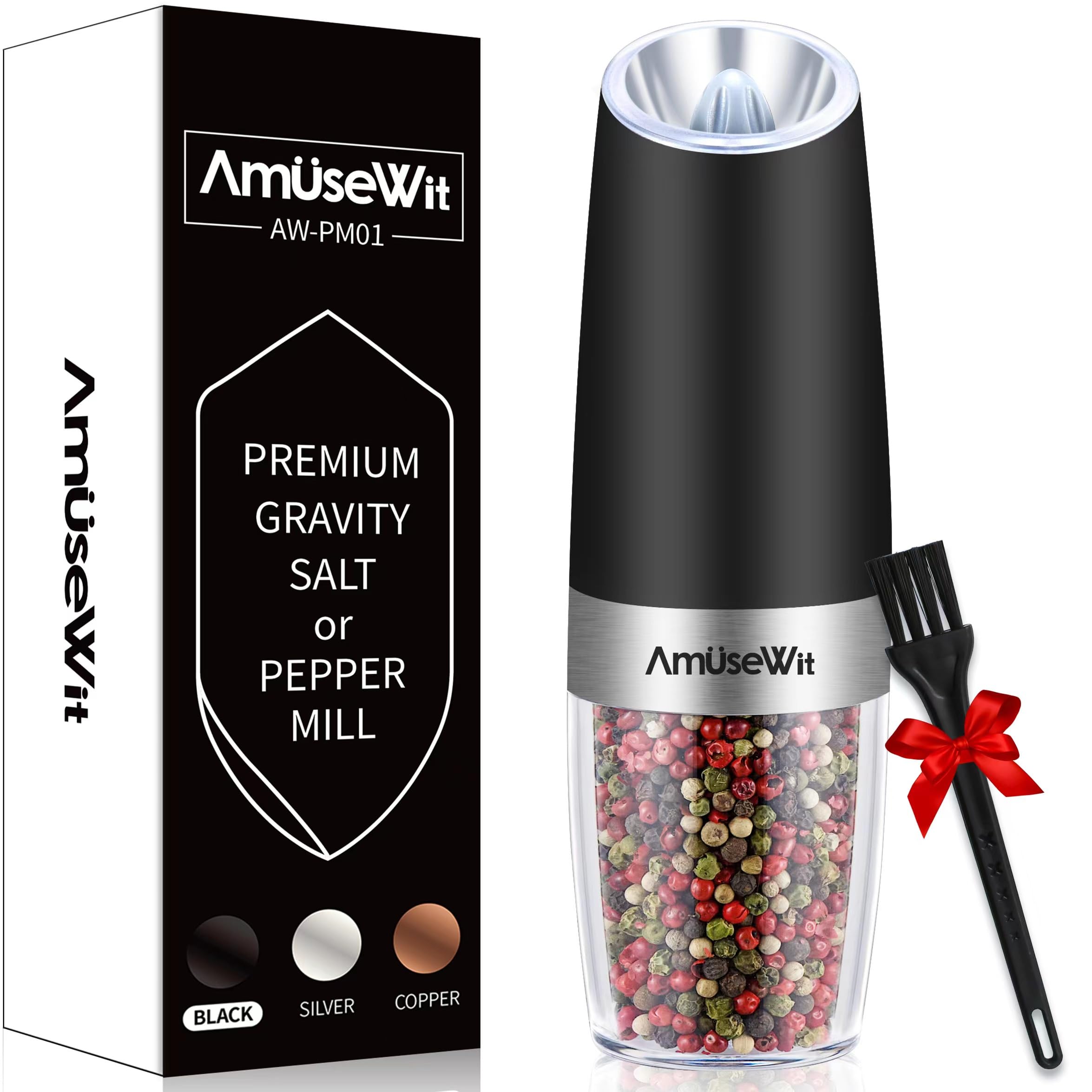 Amusewit Electric Gravity Pepper Mill Or Salt Grinder Mill [White Light] - Battery Operated Automatic Pepper Grinder With Light,