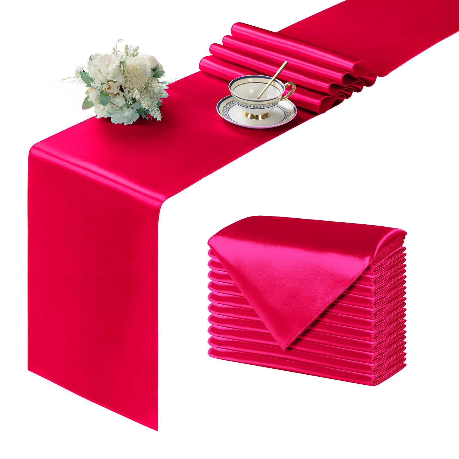 Manyshofu 12Pcs Satin Hot Pink Table Runner - 12 X 72 Inch Long Size, Party Table Runner Decor Bright & Smooth Wedding Decoratio