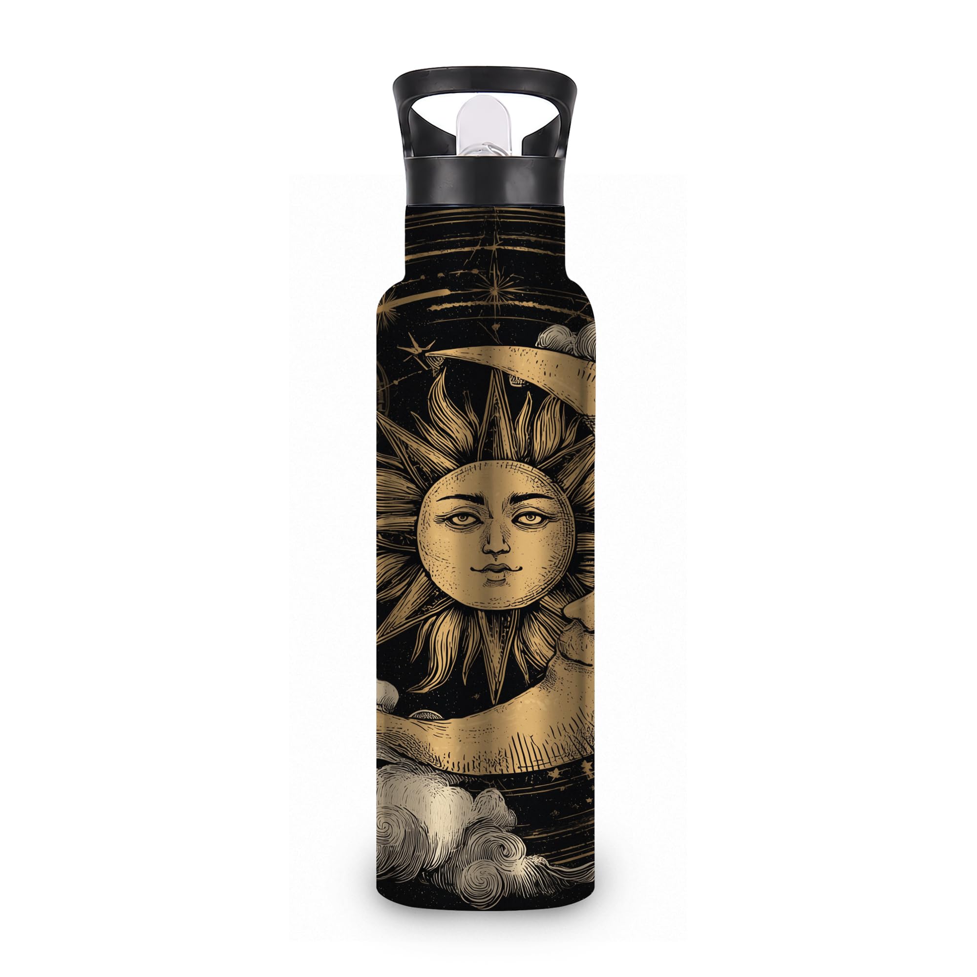 ICRICR Insulated Water Bottle,Celestial Sun 20 oz Stainless Steel Water Bottles with Straw Lid,Moon Stars Leak Resistant Double 