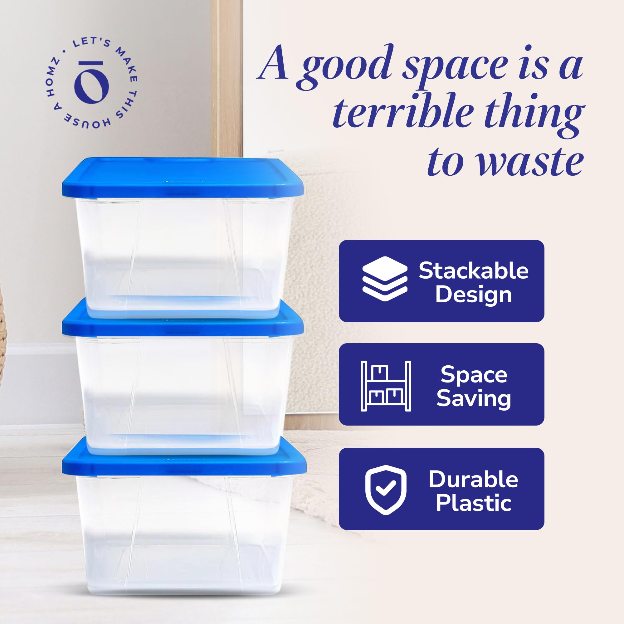 Homz 10 Pack Storage Bins, Clear Plastic Organizing Containers W/Blue Lids, 6 Quart