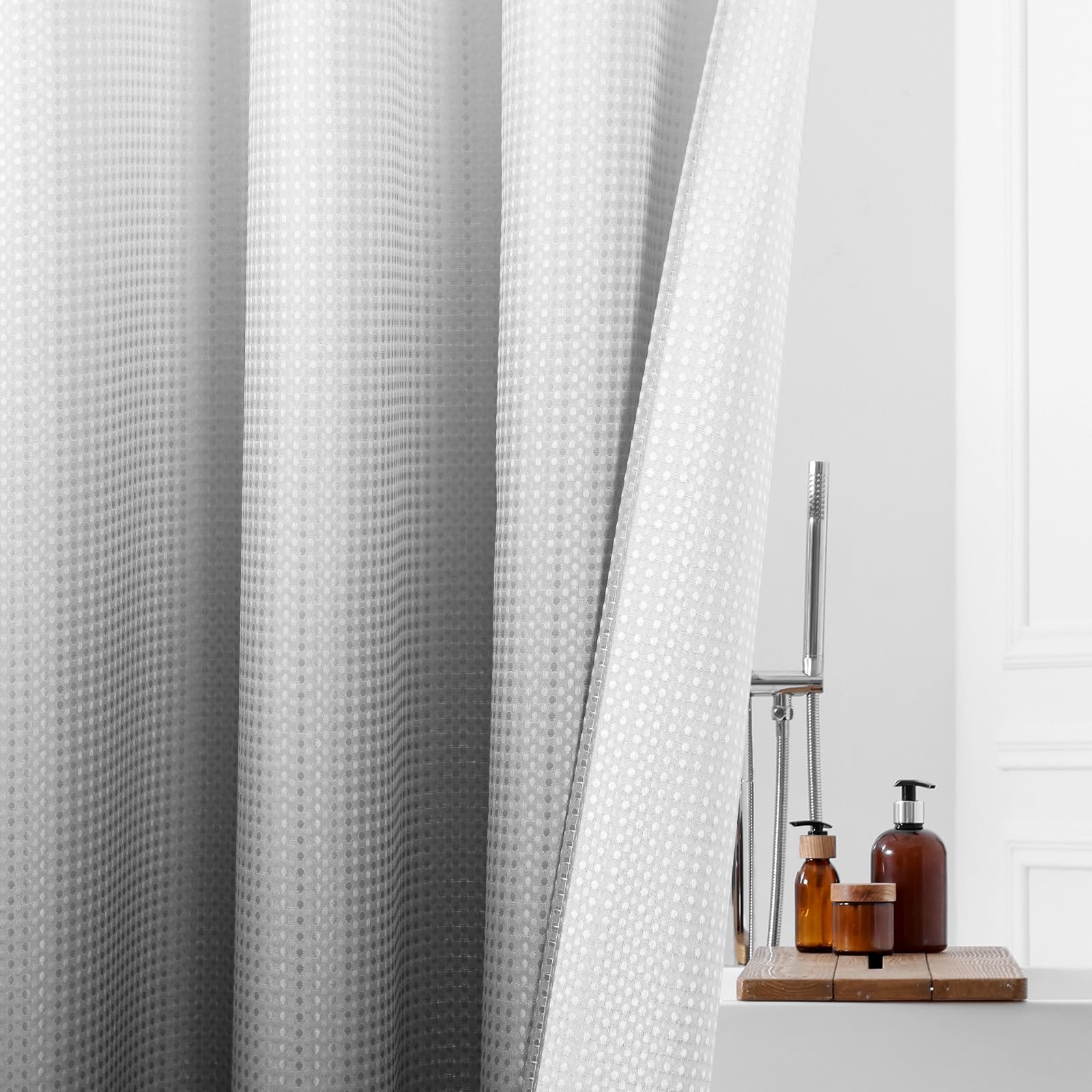 Mitovilla No Hooks Needed Grey Ombre Waffle Shower Curtain With Snap-In Liner, Modern Waffle Weave Heavy Duty Fabric Cloth Showe