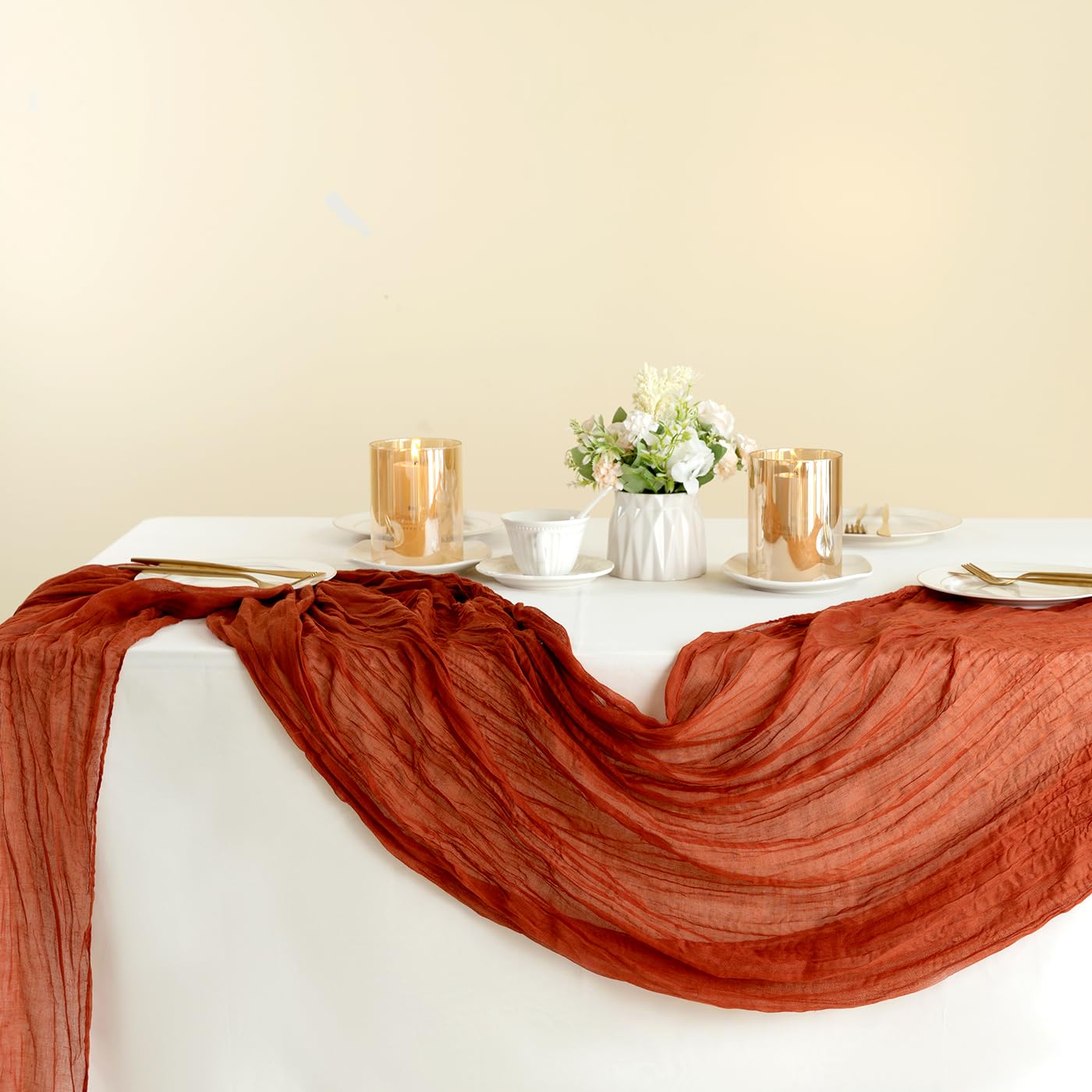 Sioloc 10 Pack Terracotta Cheesecloth Table Runner,10Ft Rust Cheesecloth Table Runner,Boho Gauze Table Runner For Wedding Bridal