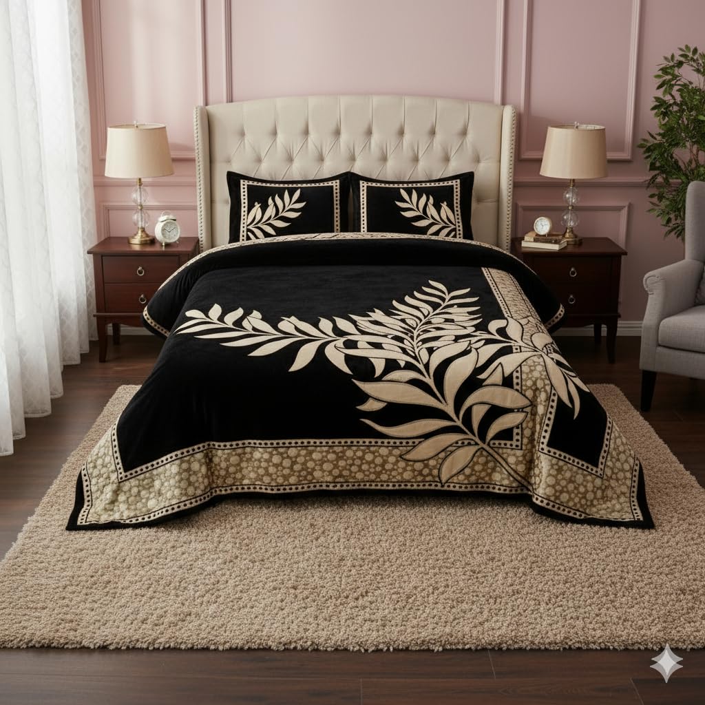 Fresh From Loom Floral Bedsheet Cum Bed Spread For Double Bed King Size 500 Tc Chenille Velvet Bed Sheet With 2 Pillow Cover, 90