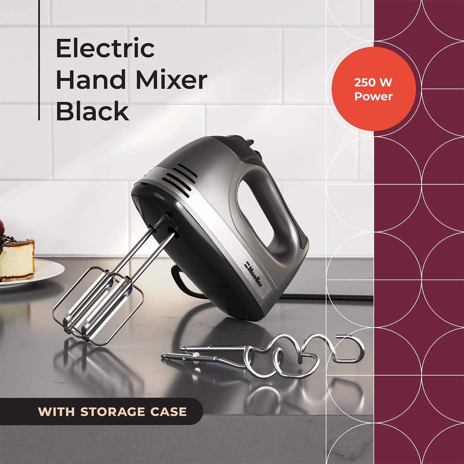 Mueller Electric Hand Mixer, 5 Speed 250W Turbo With Snap-On Storage Case And 4 Stainless Steel Accessories For Easy Whipping, M