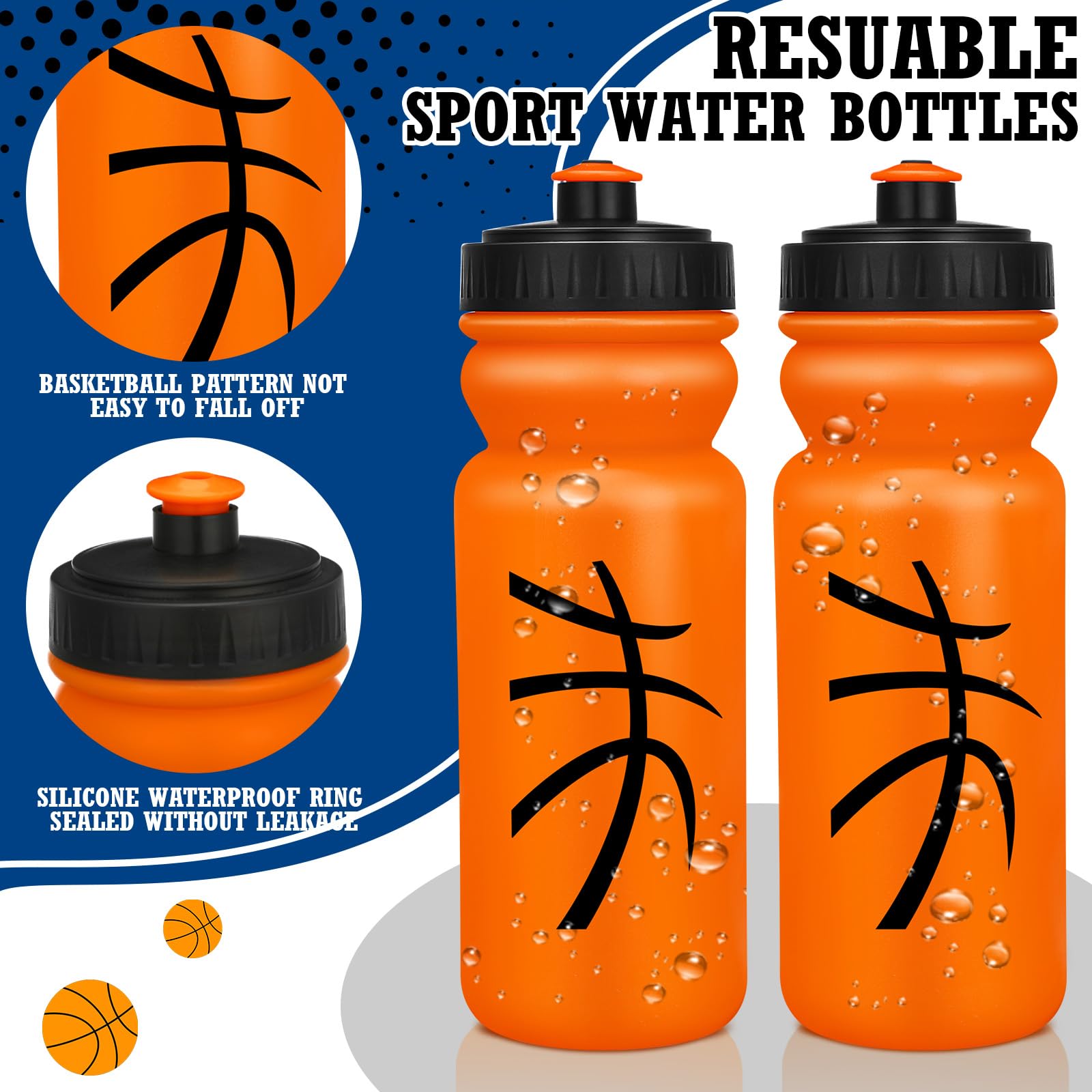 Nitial 12 Pack Basketball Water Bottles Bulk 20 oz Reusable Squeeze Water Bottles Plastic Sports Bottle with Pull Top Cap Sports