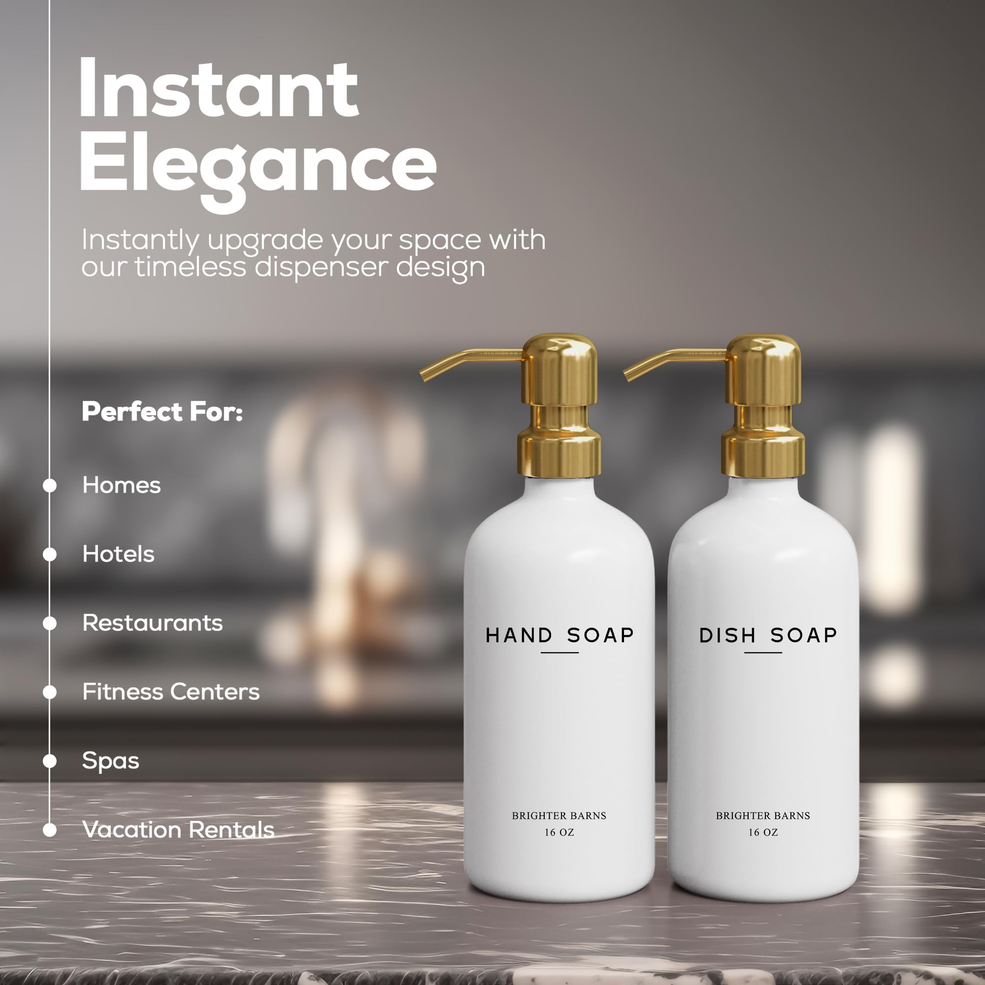 Luxury Glass Hand And Dish Soap Dispenser Set By Brighter Barns - Kitchen Soap Dispenser Set & Stainless Steel Pump - Gold Soap