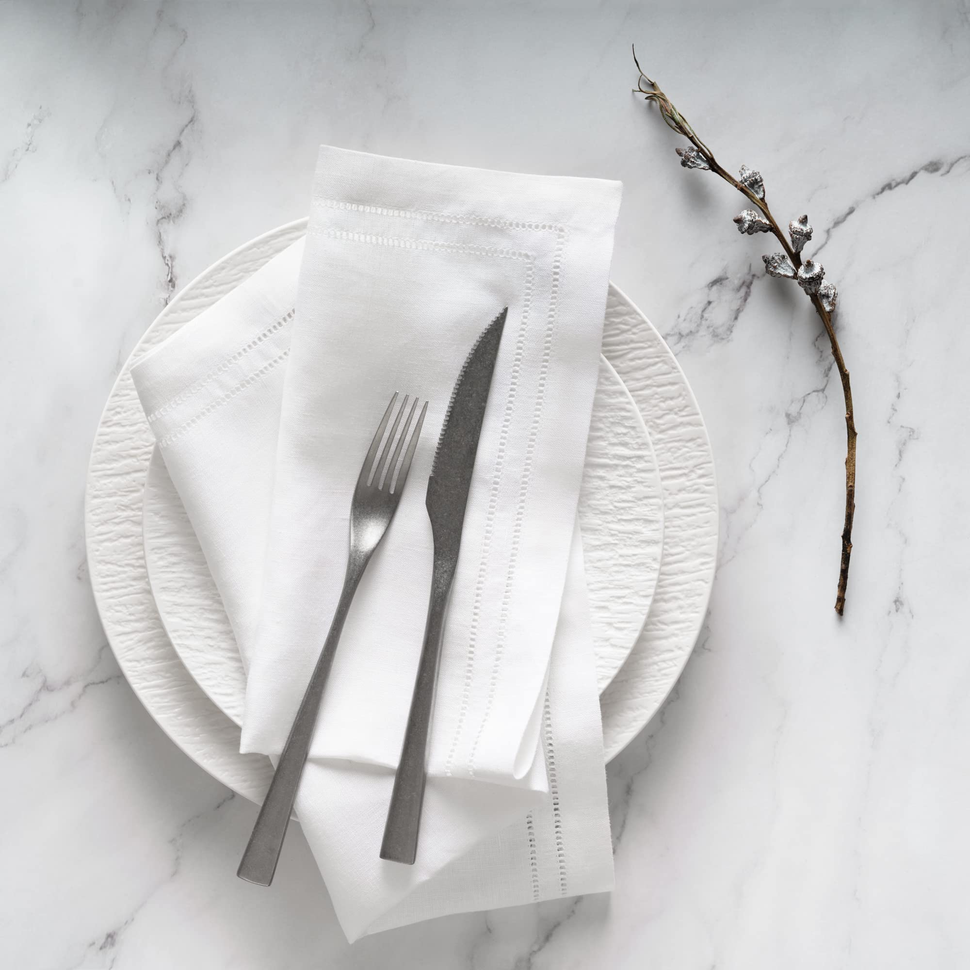 O'lucio Authentique Home Linen Napkins Set of 4 - 20"x20" White 100% Flax Linen with Double Hemstitch - Perfect for Summer Decor