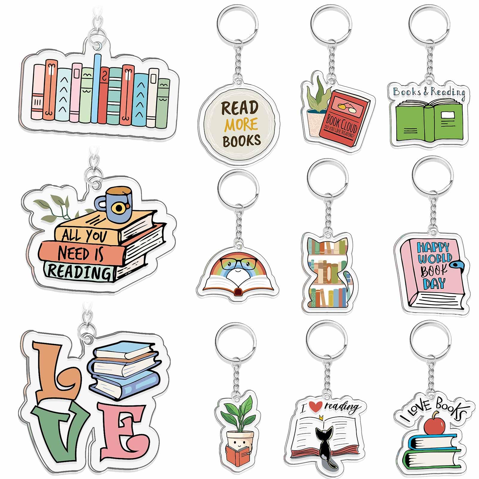 Equsion 12 Pcs Book Lovers Gifts Funny Book Keychain Bookish Party Favor Accessories, Birthday Gifts for Women (Stylish)