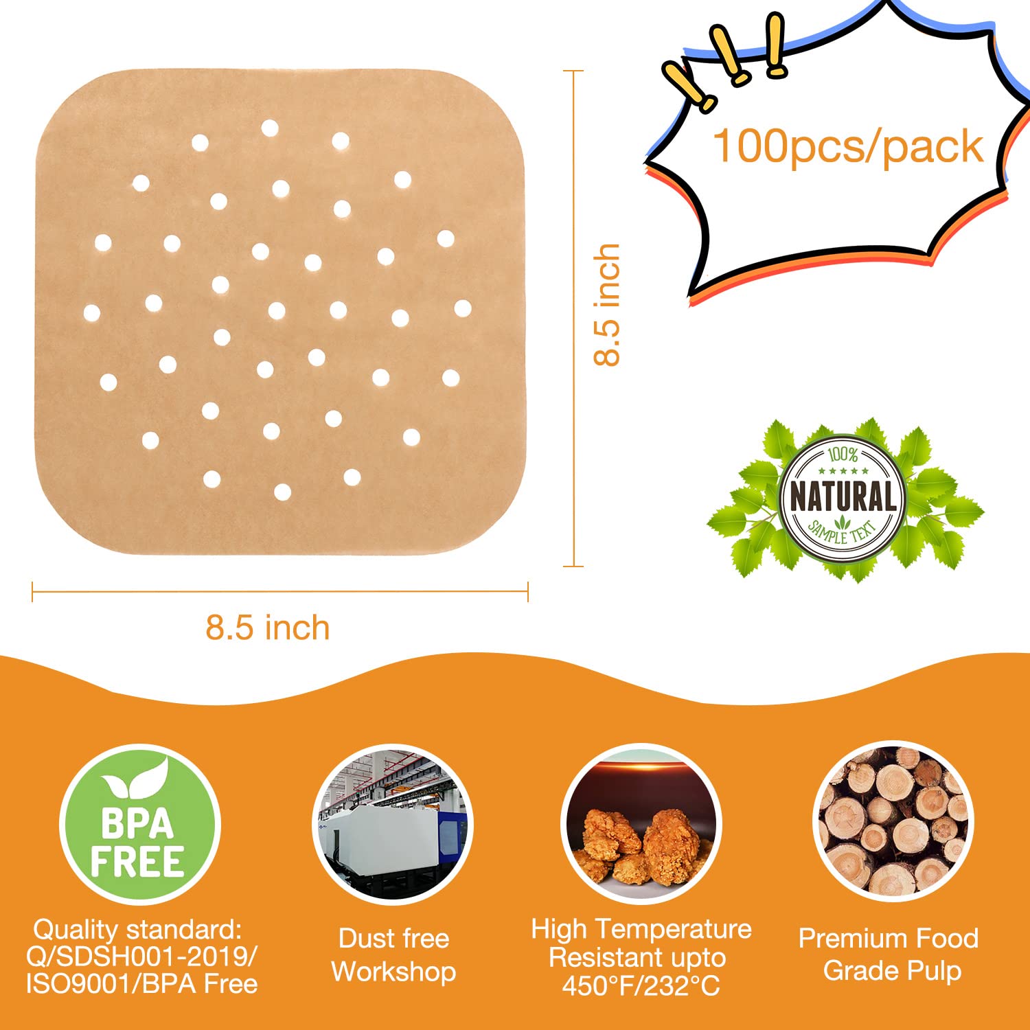 Scove 100Pcs Air Fryer Parchment Paper, 8.5 Inch Disposable Air Fryer Liners Square For Steaming Basket, Oven, Cooking, And Baki