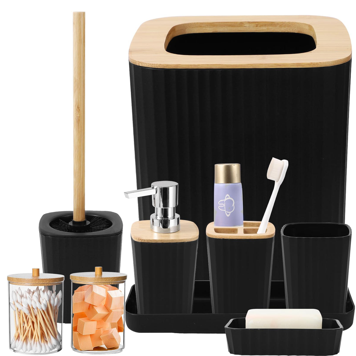 Black Bathroom Accessories Set, 9 Piece Bathroom Accessory Set With Trash Can,Tray,Soap Dispenser,Toothbrush Holder,Toothbrush C
