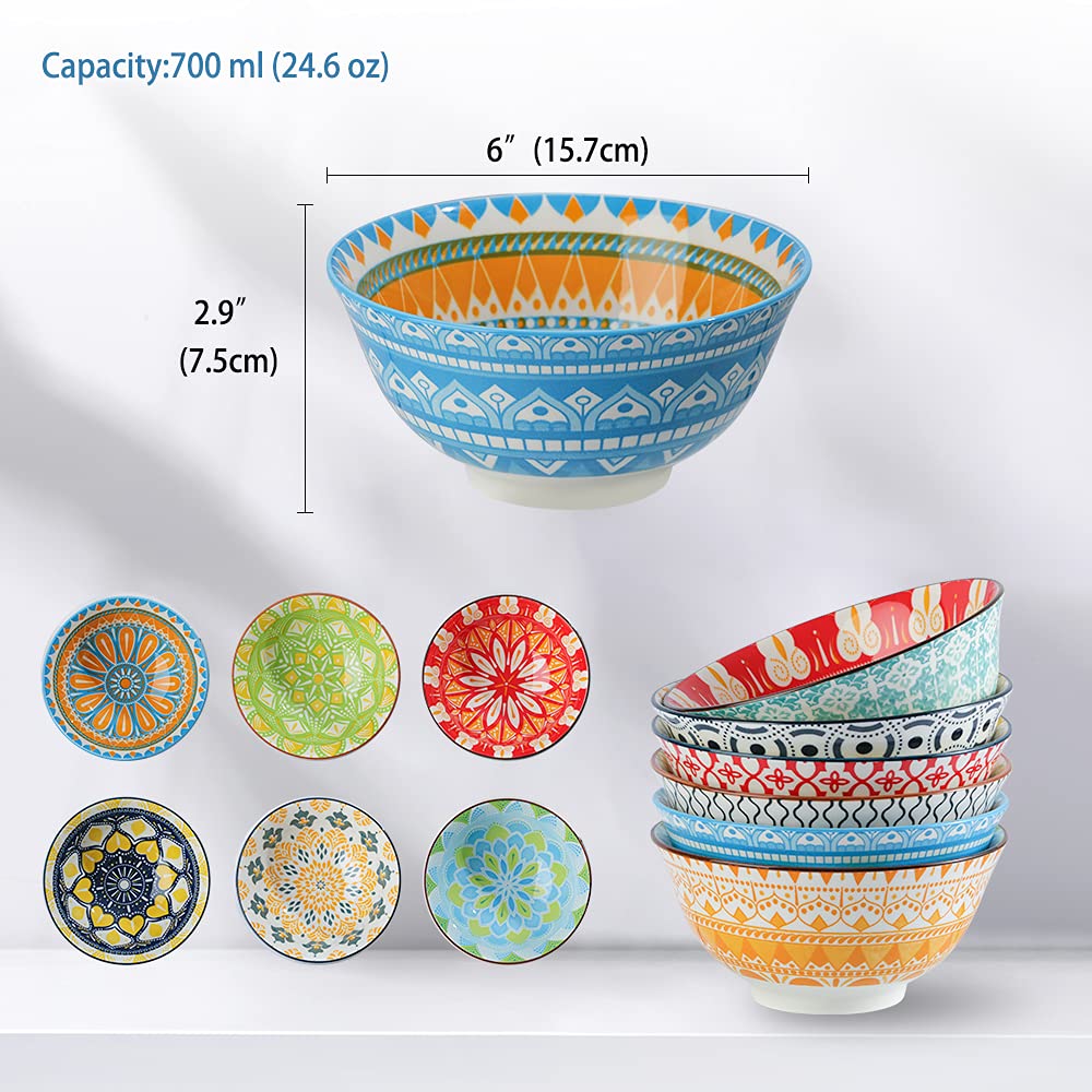 AHX Cereal Bowls Porcelain 23 oz - Salad Soup Bowl Colorful 6.25'' - Deep Bowls for Serving Ramen | Noodle | Pasta | Pho | Oatmeal - Microwave and Dishwasher Safe - Set of 6