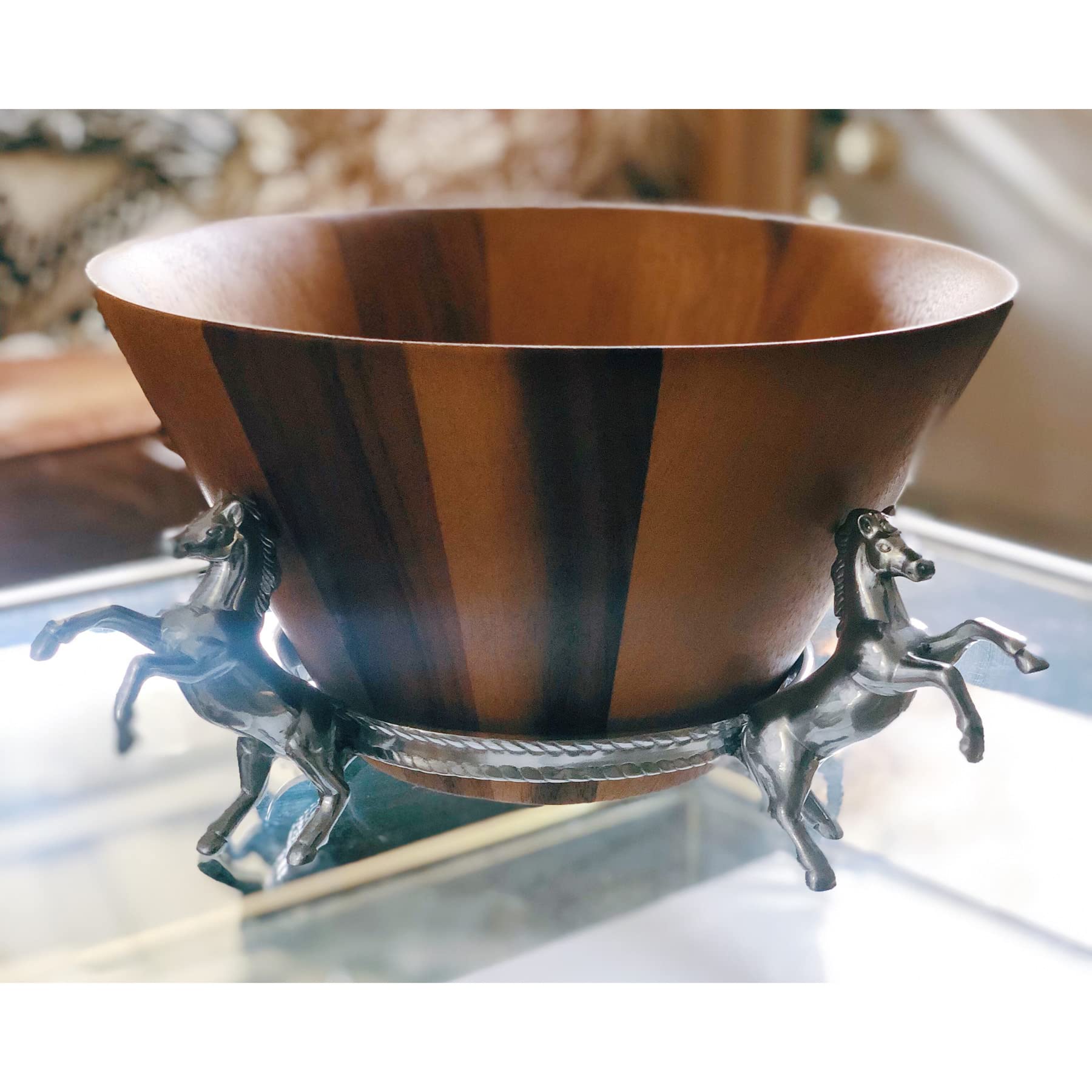 Arthur Court Designs Wood Salad Bowl With Aluminum Horse Stand 12 Inch Diameter X 7 Inch Tall