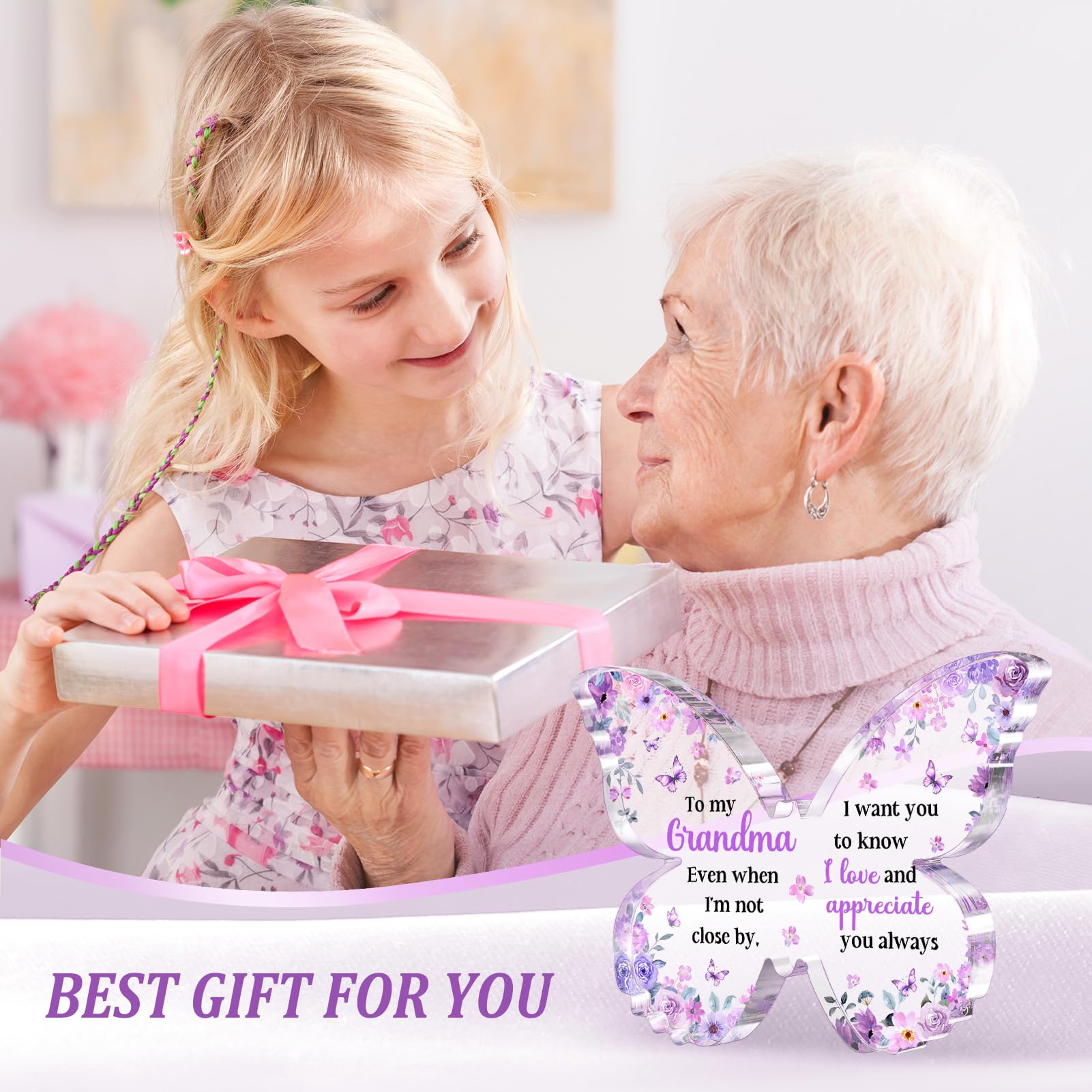 Glydein Christmas Gifts for Grandma, Grandma Birthday Gifts, Unique Purple Butterfly Acrylic Plaque Desk Decor, Grandma Birthday